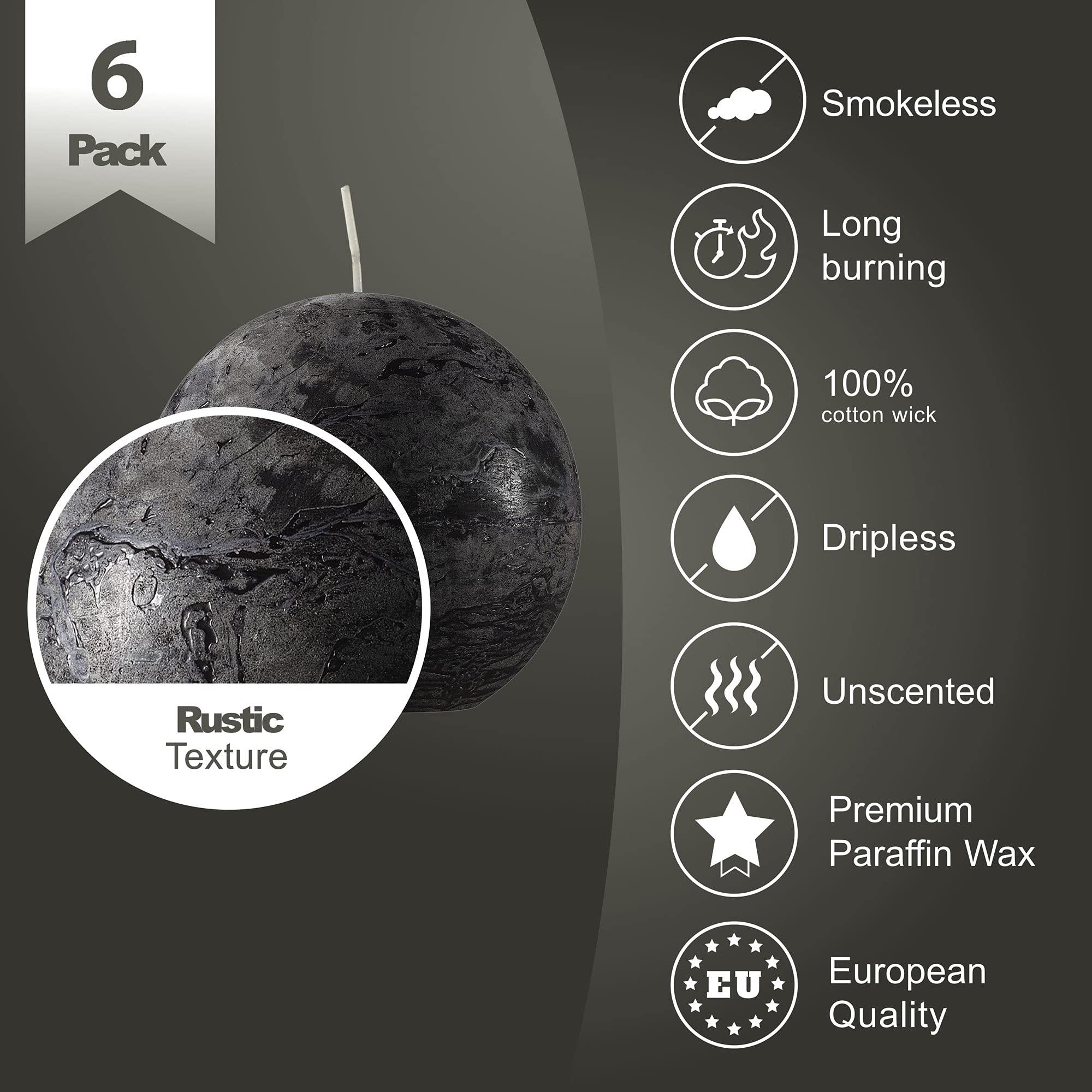 SPAAS Unscented Black Round Candles - Set of 6 Rustic Ball Candles for Wedding Decorations, Party Centerpieces, Romantic Dinners & Home Decor - Perfect for Tablescapes, Holiday Displays & Special Occasions