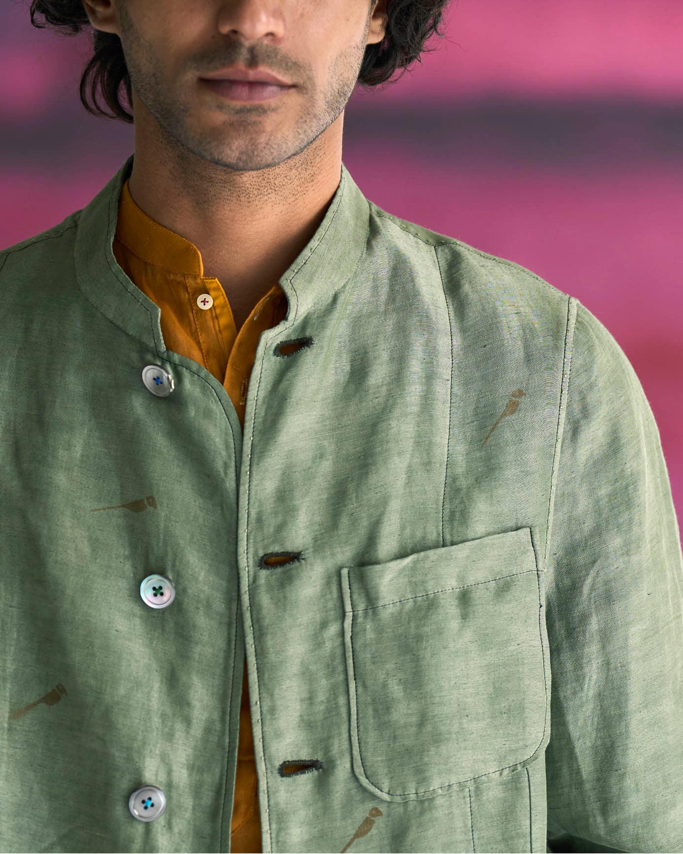 Premium Bandhgala Jacket - Satin Linen Blend in Sage Green | Formal Wear for Weddings & Special Occasions