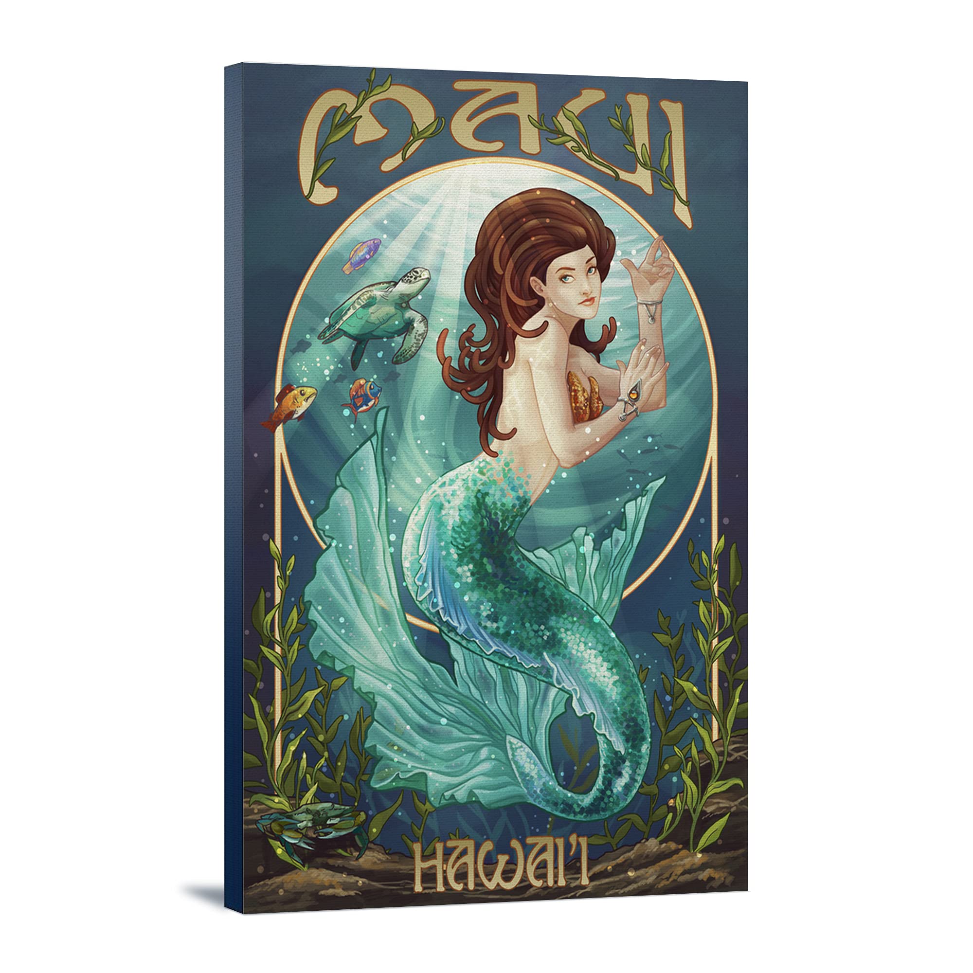 Hawaii Mermaid Wall Art - 24x36 Gallery Wrapped Canvas Print for Beach House Decor, Tropical Bedroom & Coastal Living Room