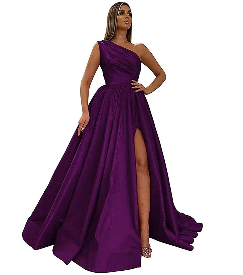 One Shoulder Prom Dress with High Slit - Long Satin A-Line Formal Evening Gown for Women | Wedding, Homecoming, Cocktail Party & Special Occasions