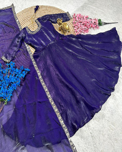 Navy Blue Silk Kids Sequins Embroidered Gown with Dupatta - Elegant Party Dress for Girls, Birthday, Wedding & Special Occasions