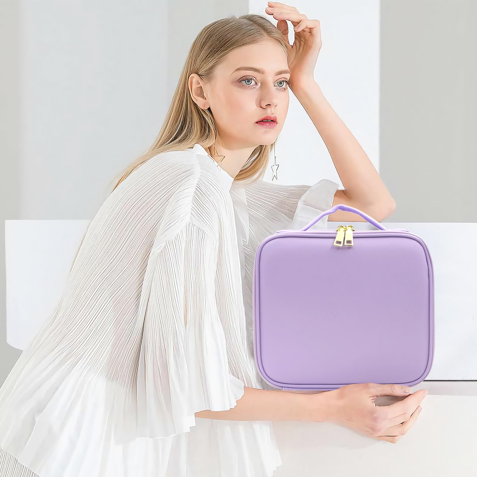 Lighted Travel Makeup Bag with Mirror - 3 Color Modes, Adjustable Brightness | Perfect for Travel & Home Use (Purple)