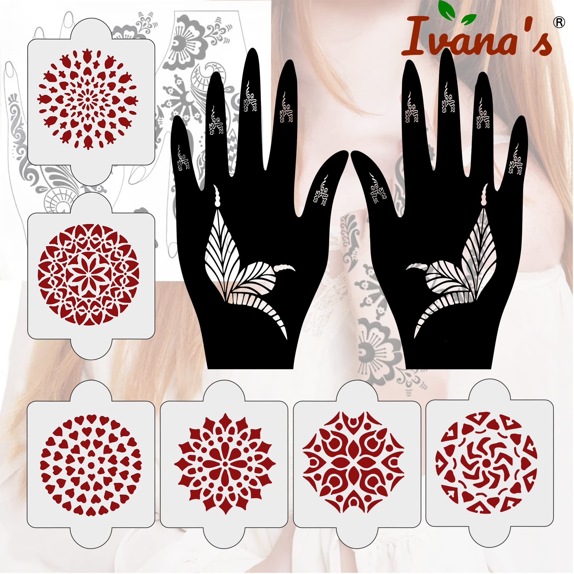 8 Pcs Henna Stencil Kit - 2 Henna Tattoo Stencils + 6 Reusable PVC Mehandi Templates for Women, Girls & Kids | Easy Application | Perfect for Weddings, Festivals & DIY Body Art (IVH-06)
