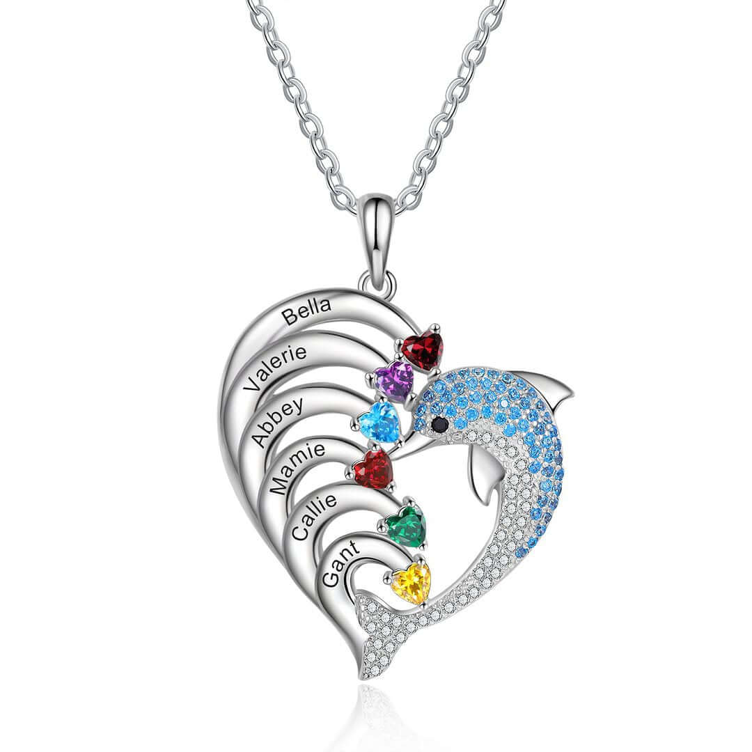 Personalized Dolphin Heart Birthstone Necklace - Custom Name & Birthstone Jewelry for Women | H0001 | Perfect Gift for Birthday, Anniversary & Mother's Day