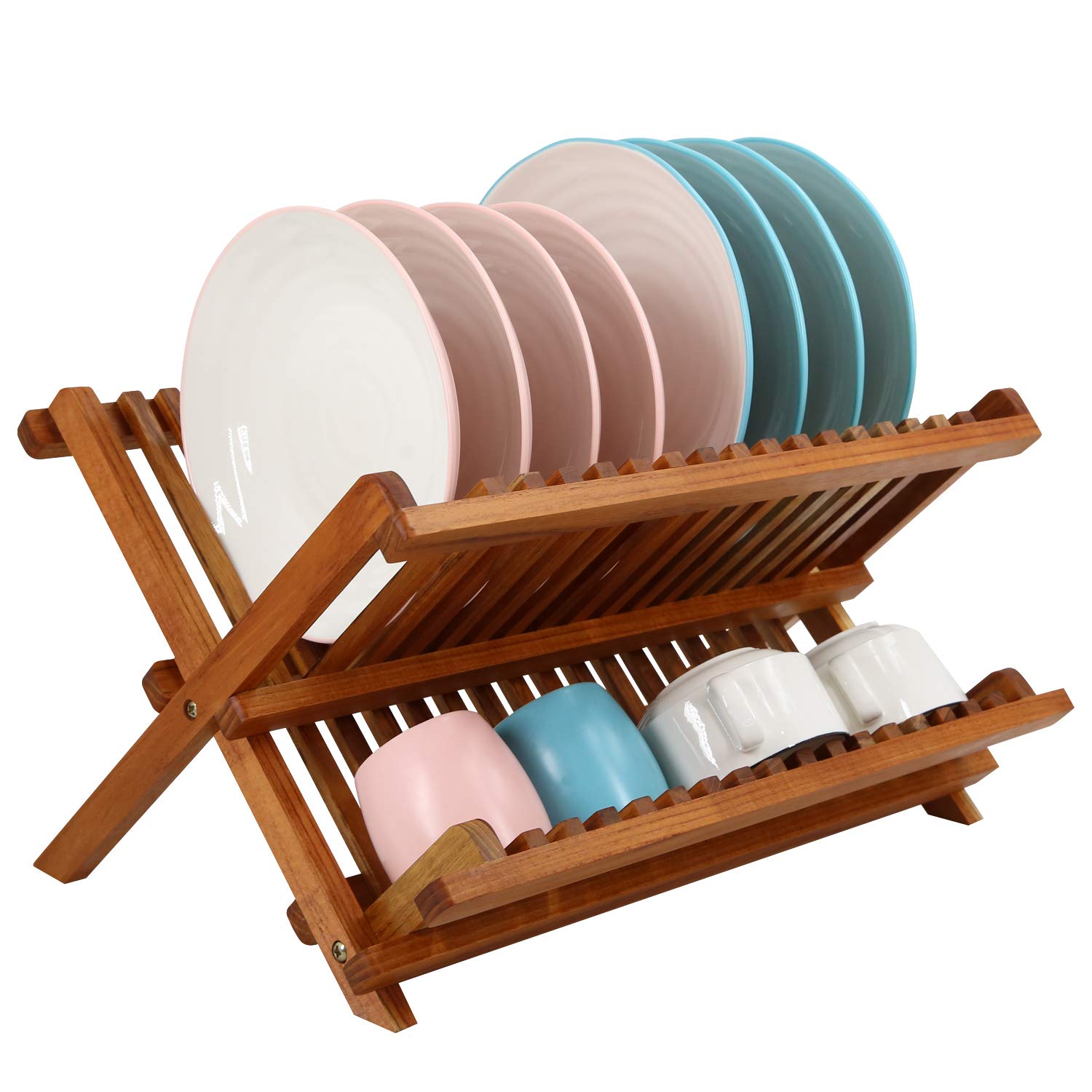 Utoplike Teak Dish Drainer Rack - 2 Tier Collapsible & Foldable Dish Drying Rack, Compact Plate Organizer Holder for Kitchen - Perfect for Small Spaces, Countertop Storage & Dish Drying