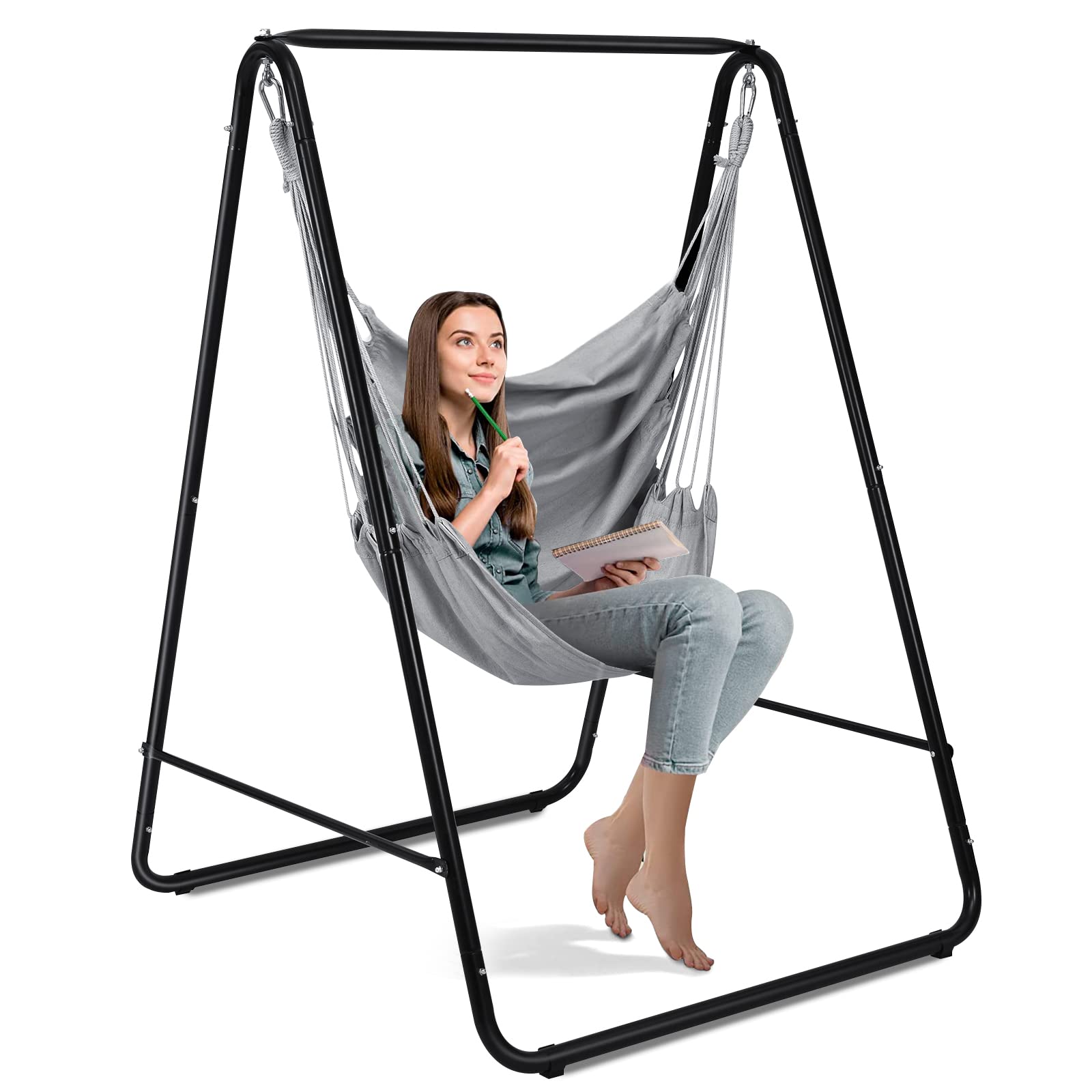 Giantex Heavy-Duty Hammock Chair with Stand - Powder-Coated Steel Hanging Swing Chair for Patio, Backyard, Indoor & Outdoor Use - Perfect for Relaxing in Garden, Porch or Balcony (Grey)