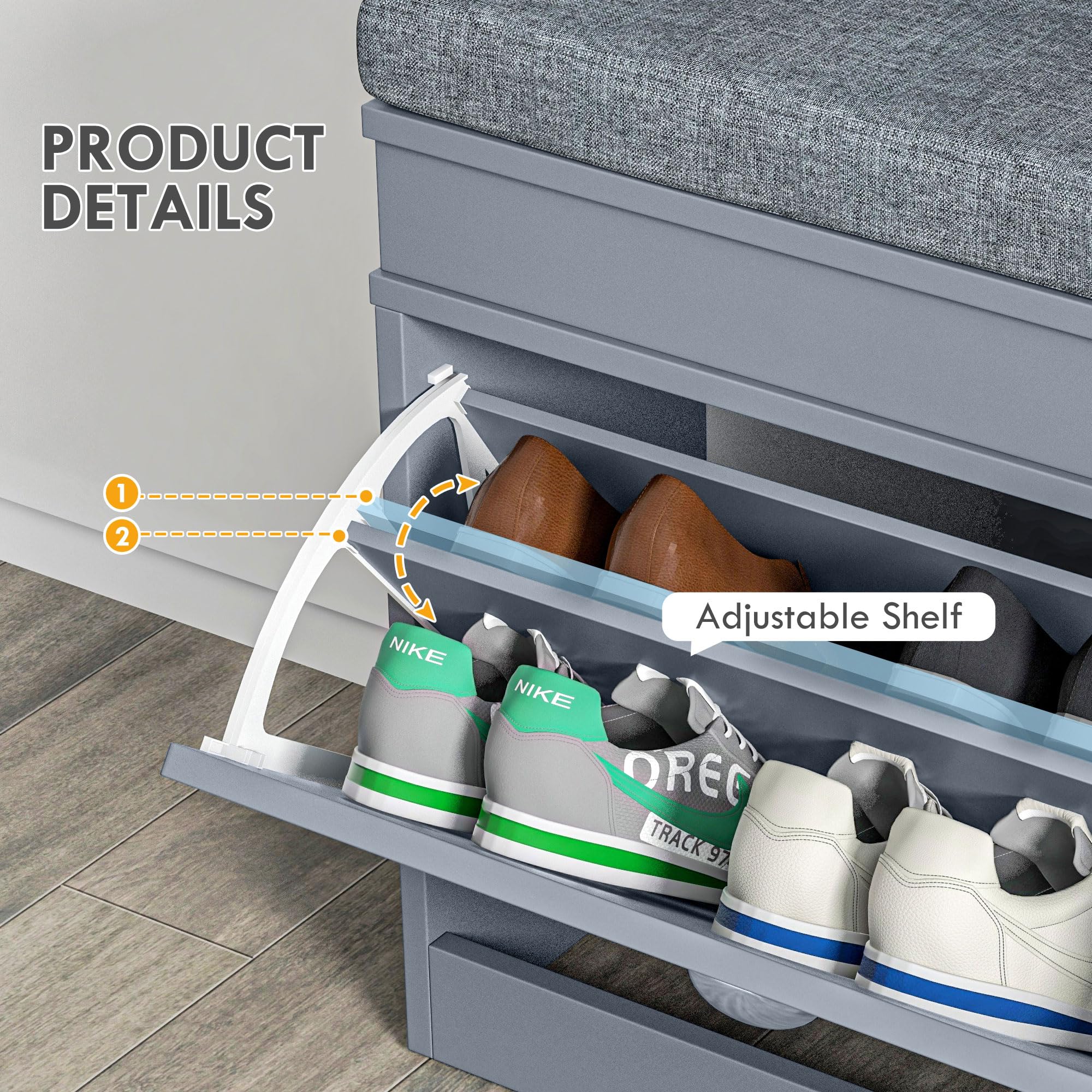 Modern Shoe Rack Bench with Storage - Entryway Organizer with Cushioned Seat, 2 Drawers & Adjustable Shelf (Holds 8 Pairs) - Perfect for Hallway, Living Room, Bedroom & Entry Organization - Space-Saving Gray Shoe Storage Solution for Small Apartments & Homes
