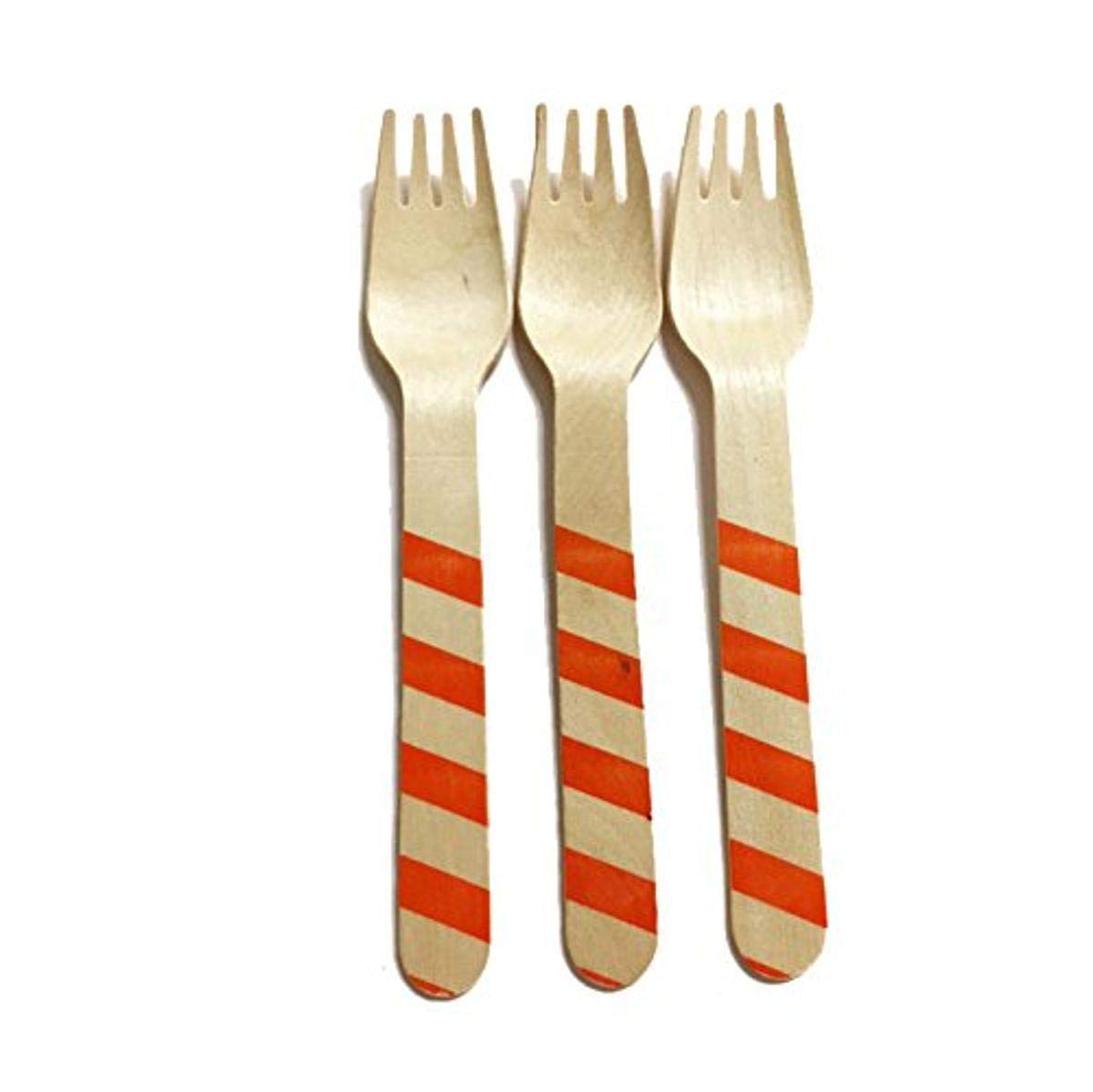 Orange Striped Wooden Forks - 6