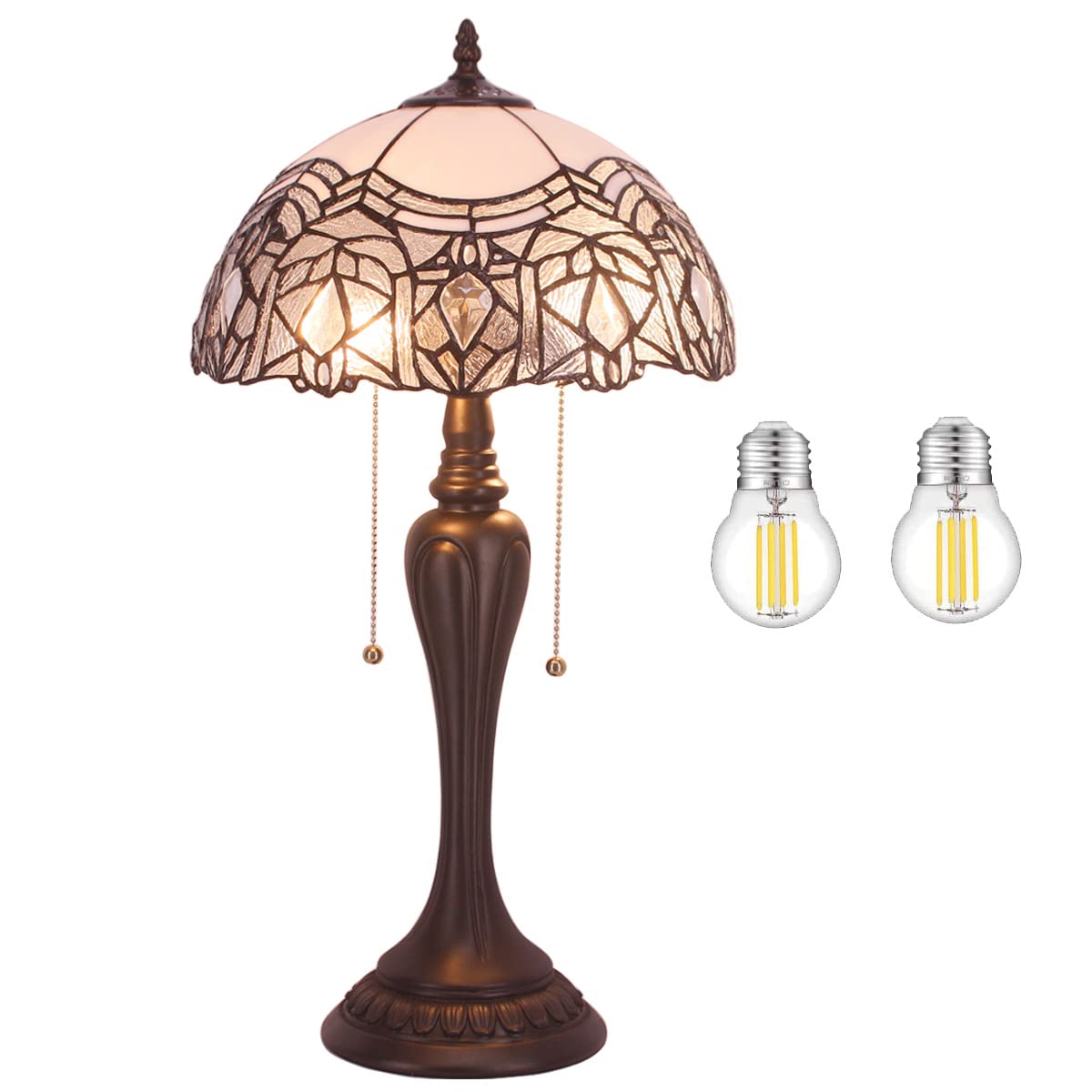 WERFACTORY Tiffany Lamp - White Bent Stained Glass Crystal Table Lamp with 12X12X22 Inches for Bedside, Desk & Reading | Elegant Home Decor for Bedroom, Living Room & Office (S508W Series)