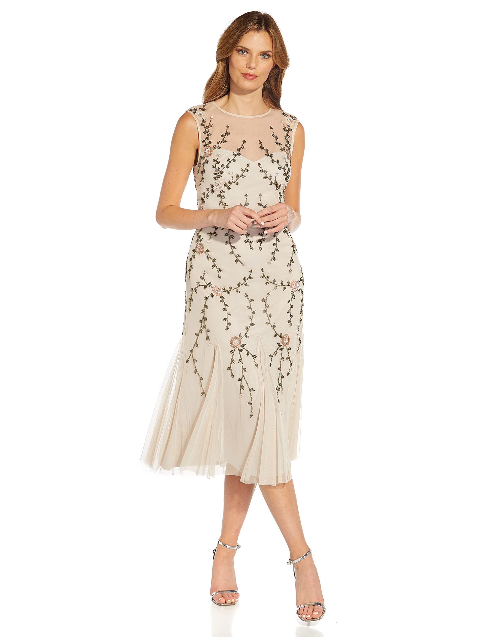 Adrianna Papell Women's Beaded Tea Length Dress for Wedding Guest, Cocktail Party & Special Occasions - Elegant Floral Embroidery A-Line Gown