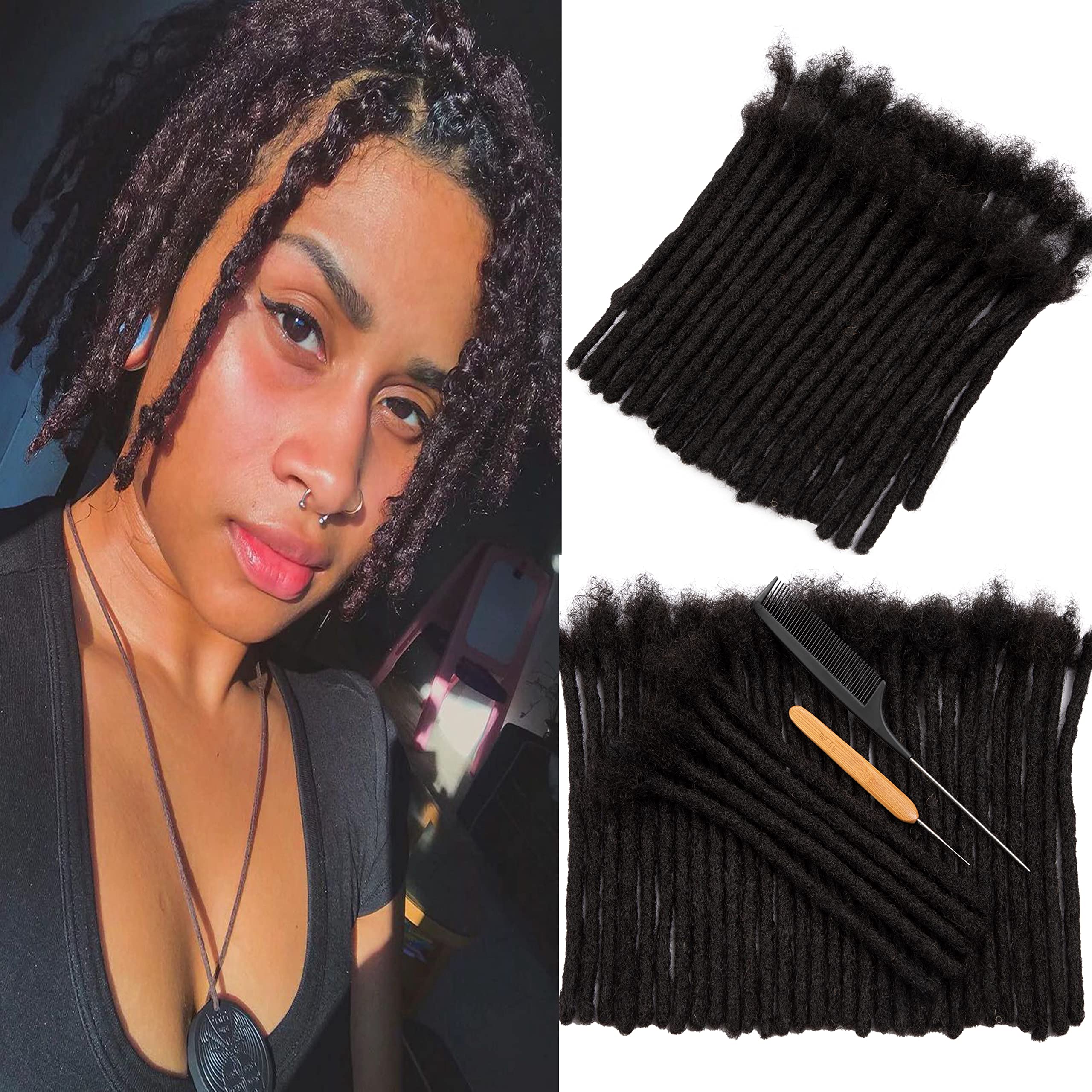 6 Inch 100 Strands Natural Black Human Hair Dreadlocks Extensions - 0.6cm Width Permanent Loc Extensions for Women & Men - Perfect for Protective Styles, Boho Looks & Hair Growth (6