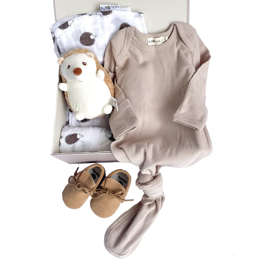 MOYA Baby Gift Box Set - Newborn Keepsake Box for Boys & Girls with Knotted Gown, Swaddle Blanket & Baby Clothes | Perfect Baby Shower Gift, Welcome Box & Registry Present for New Parents | Ideal for Hospital Visits, Christenings & First Photo Shoots