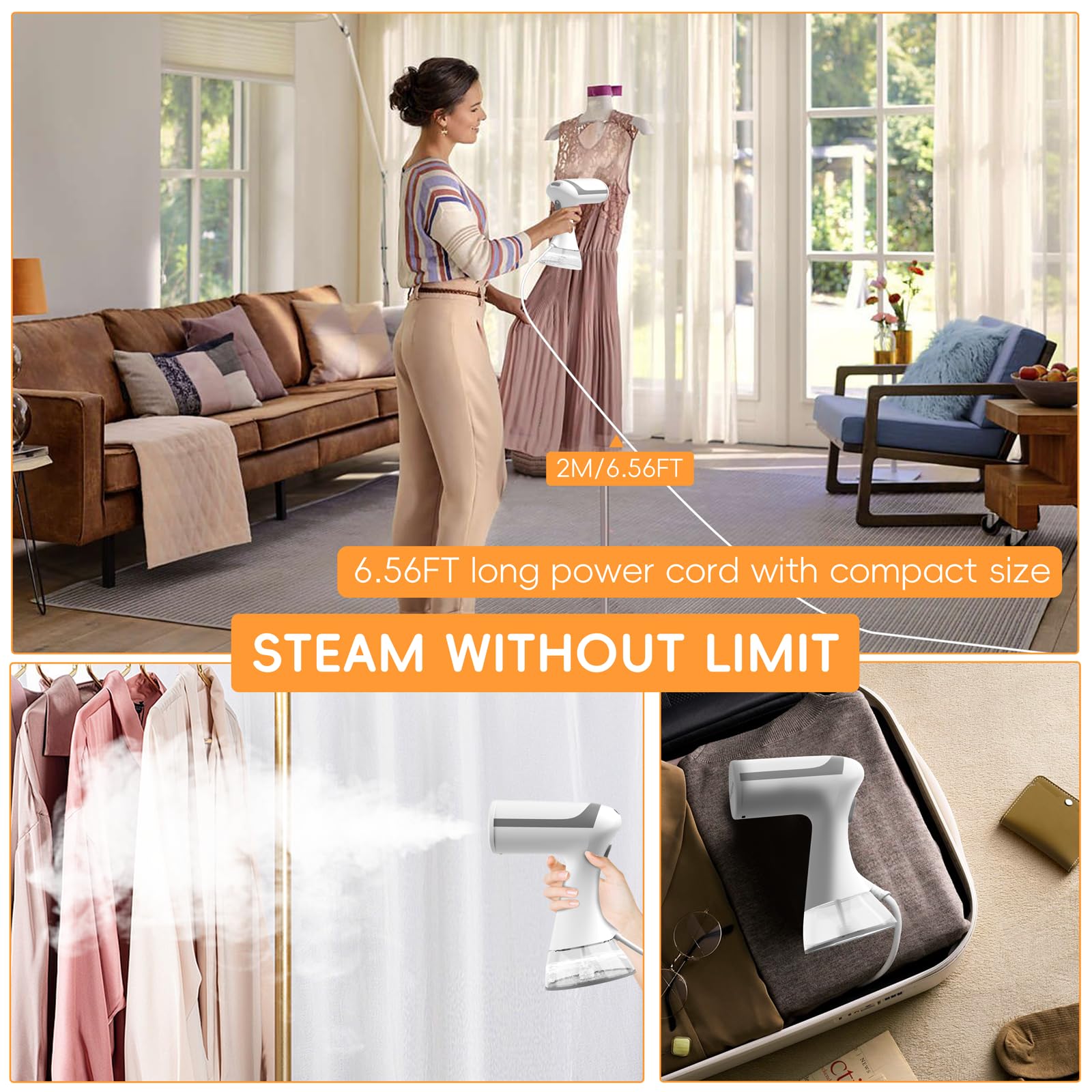 1500W Powerful Handheld Clothes Steamer - Portable Garment Steamer Iron for Wrinkles Removal | Quick & Efficient for Shirts, Dresses, Curtains & Bedding | Perfect for Travel, Home & Office Use