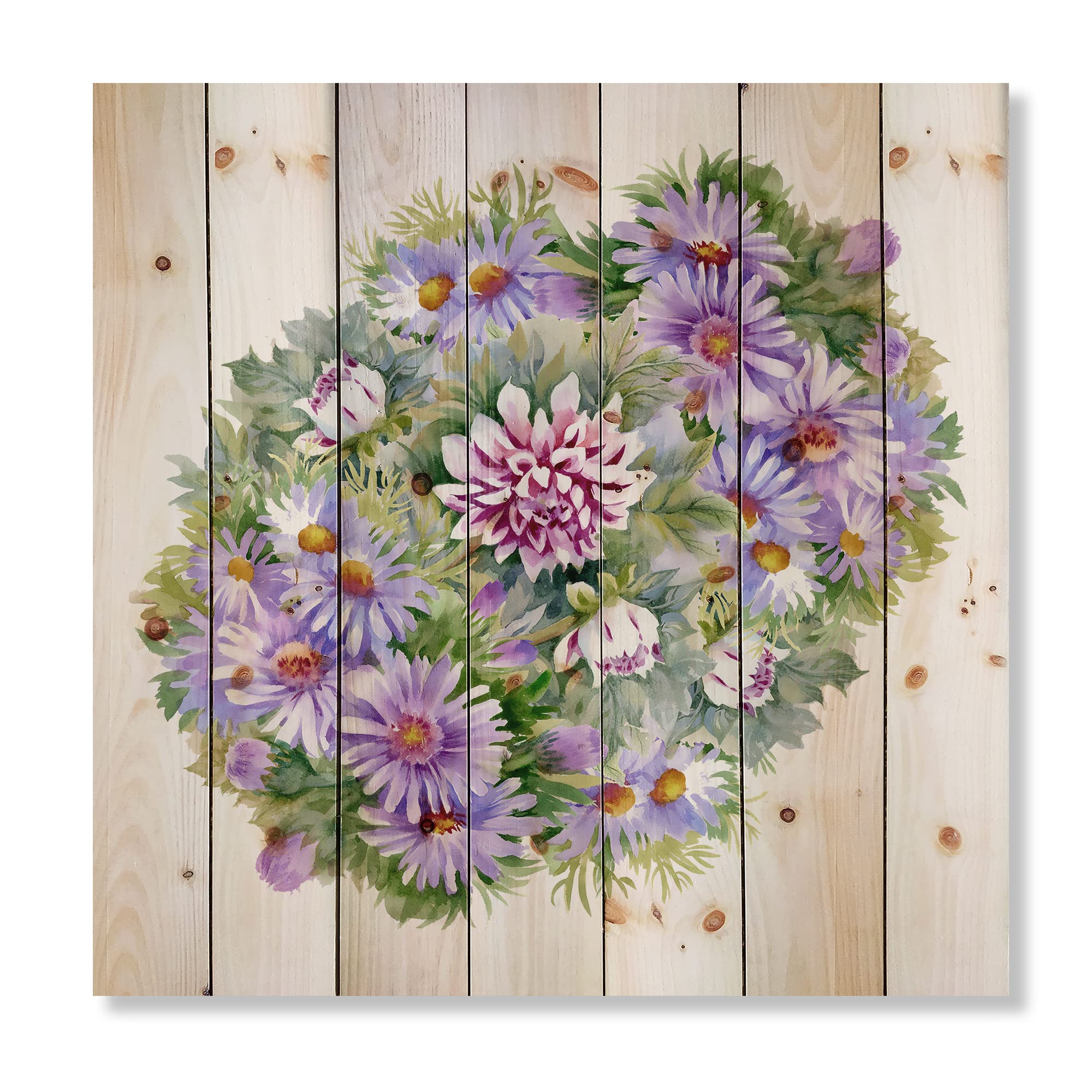 Handcrafted Purple Chrysanthemum Daisy Wood Wall Art - Traditional Floral Home Decor Printed on Natural Pine Wood - Perfect for Living Room, Bedroom or Office Decoration