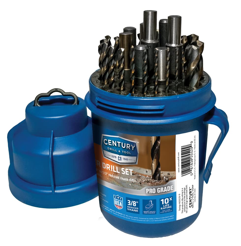Century Drill & Tool 25529 29-Piece Parabolic Drill Bit Set with Charger | USA Made | Perfect for Woodworking, Metal Drilling & DIY Home Projects
