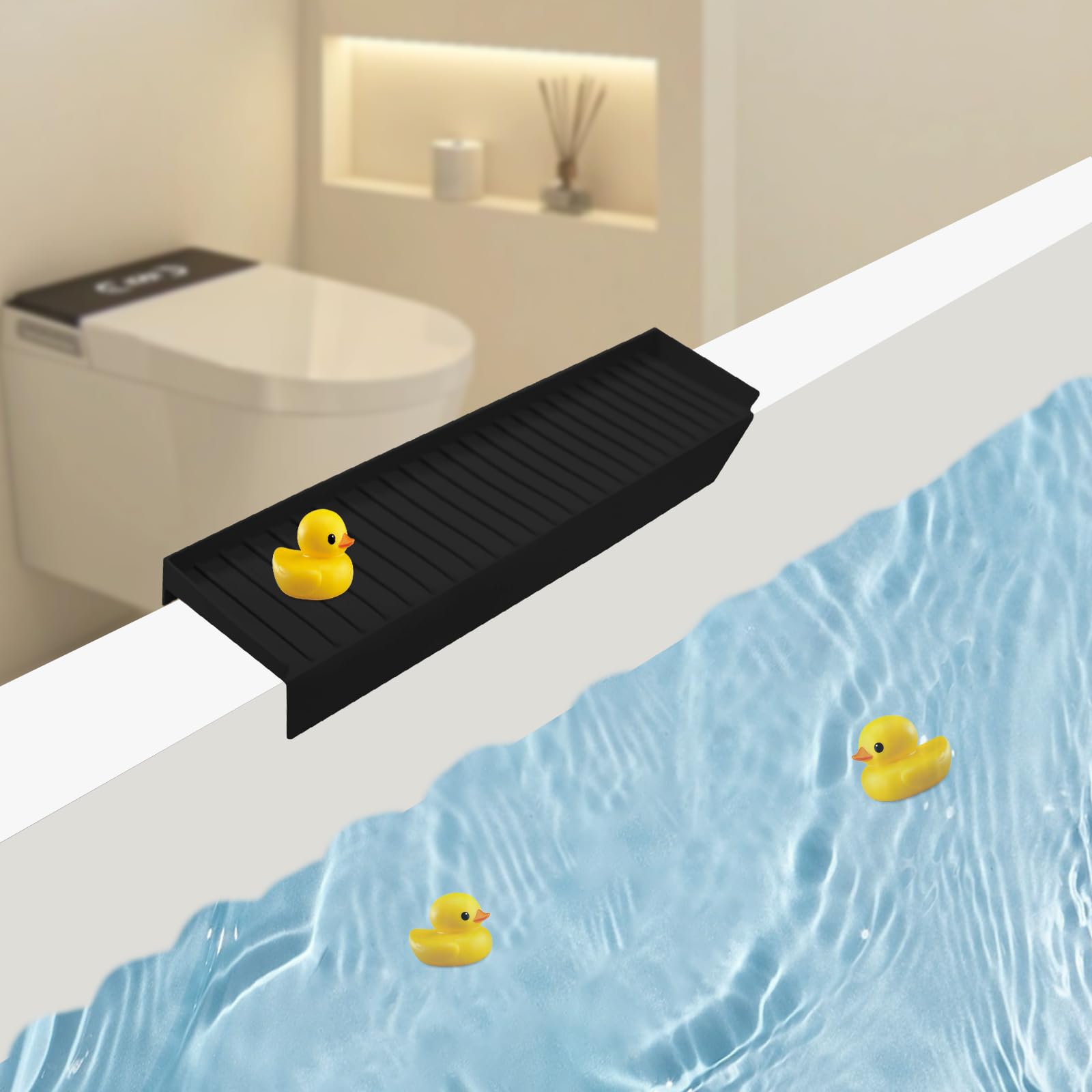 PakaLife Silicone Splash Guard for Bathtub & Kitchen Sink - Non-Slip Water Barrier with 4 Suction Cups, Bath Toy Tray Holder - Perfect for Kids Bath Time & Kitchen Cleaning (Black, 1-Pack)