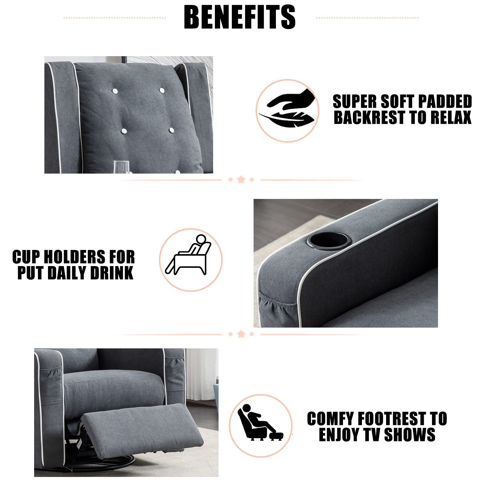 Swivel Rocker Recliner Chair - Upholstered Nursery Glider with Cup Holders | Manual Reclining Rocking Chair for Baby Room, Living Room & Bedroom | Perfect for Nursing, Relaxing & Reading