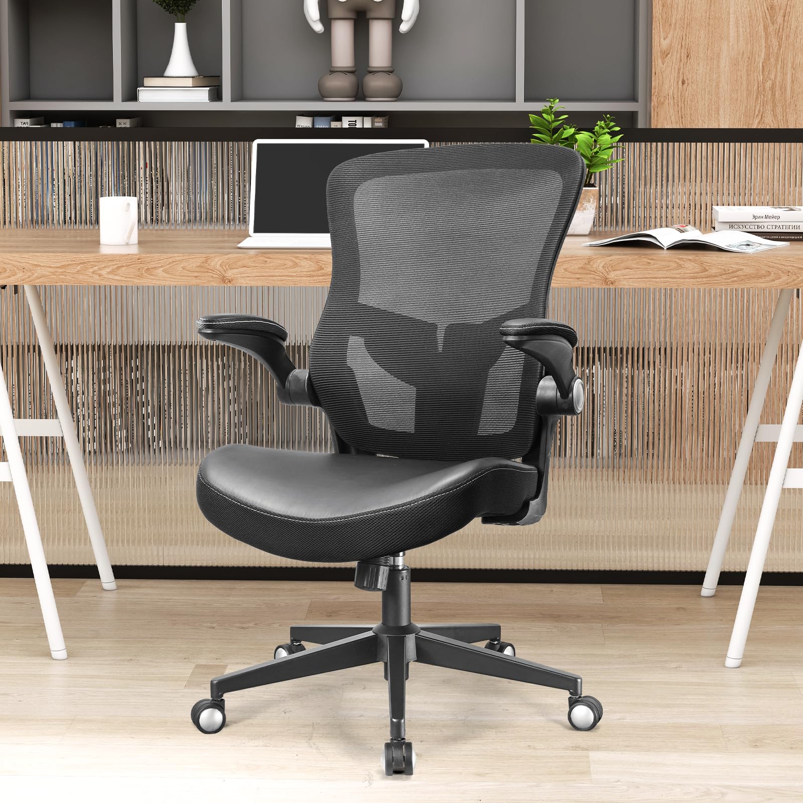 Ergonomic Office Chair with PU Leather Cushion - 350lbs Weight Capacity, Adjustable Seat Height & Lumbar Support, Flip-Up Arms - Perfect for Home Office, Gaming & Workspace Comfort
