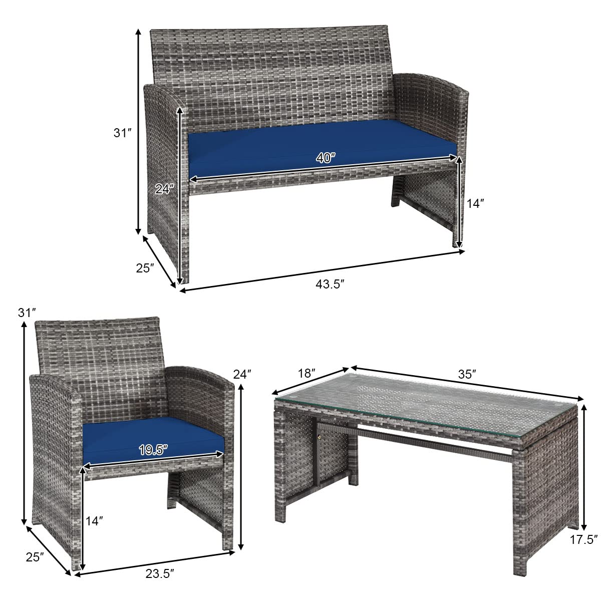 Tangkula 4-Piece Wicker Patio Conversation Set - Outdoor Rattan Sofa Set with Coffee Table & Soft Cushions, Durable Patio Furniture for Poolside, Balcony, Garden or Backyard Relaxation