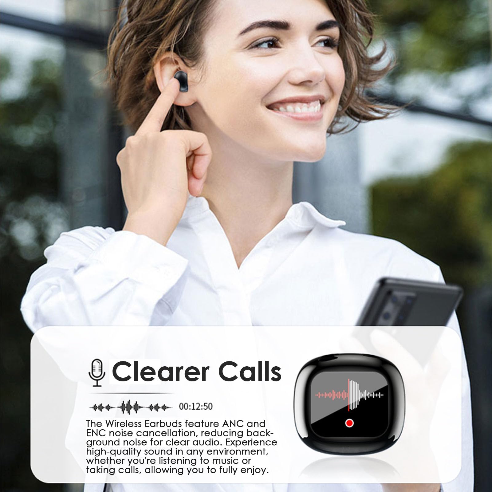 Wireless Bluetooth Earbuds with ANC Noise Cancellation & Touch Screen - IPX7 Waterproof, Long Battery Life, Compact Design - Perfect for Workouts, Commuting & Travel