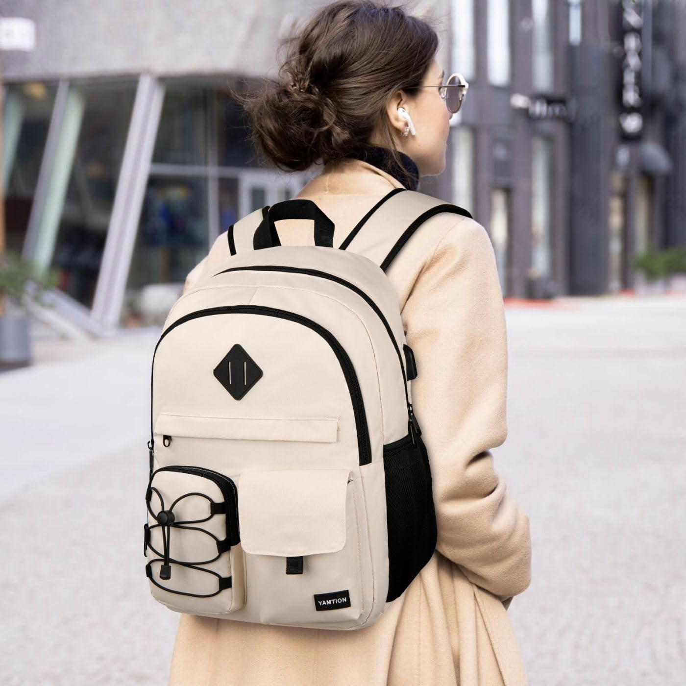 Stylish 17.3 Inch Laptop Backpack for Women & Teen Girls - Durable School Bookbag, College Backpack with USB Charging Port - Perfect for Work, Travel & Daily Commute (Beige)
