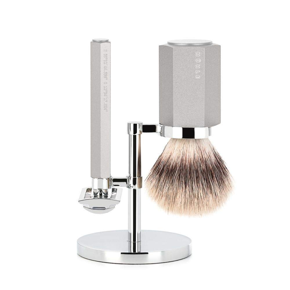 Premium MÜHLE HEXAGON Anodised Silver Silvertip Fiber 3-Piece Shaving Set for Men - Luxury Wet Shaving Kit with Stand, Brush & Razor - Perfect Gift for Father's Day & Grooming Enthusiasts