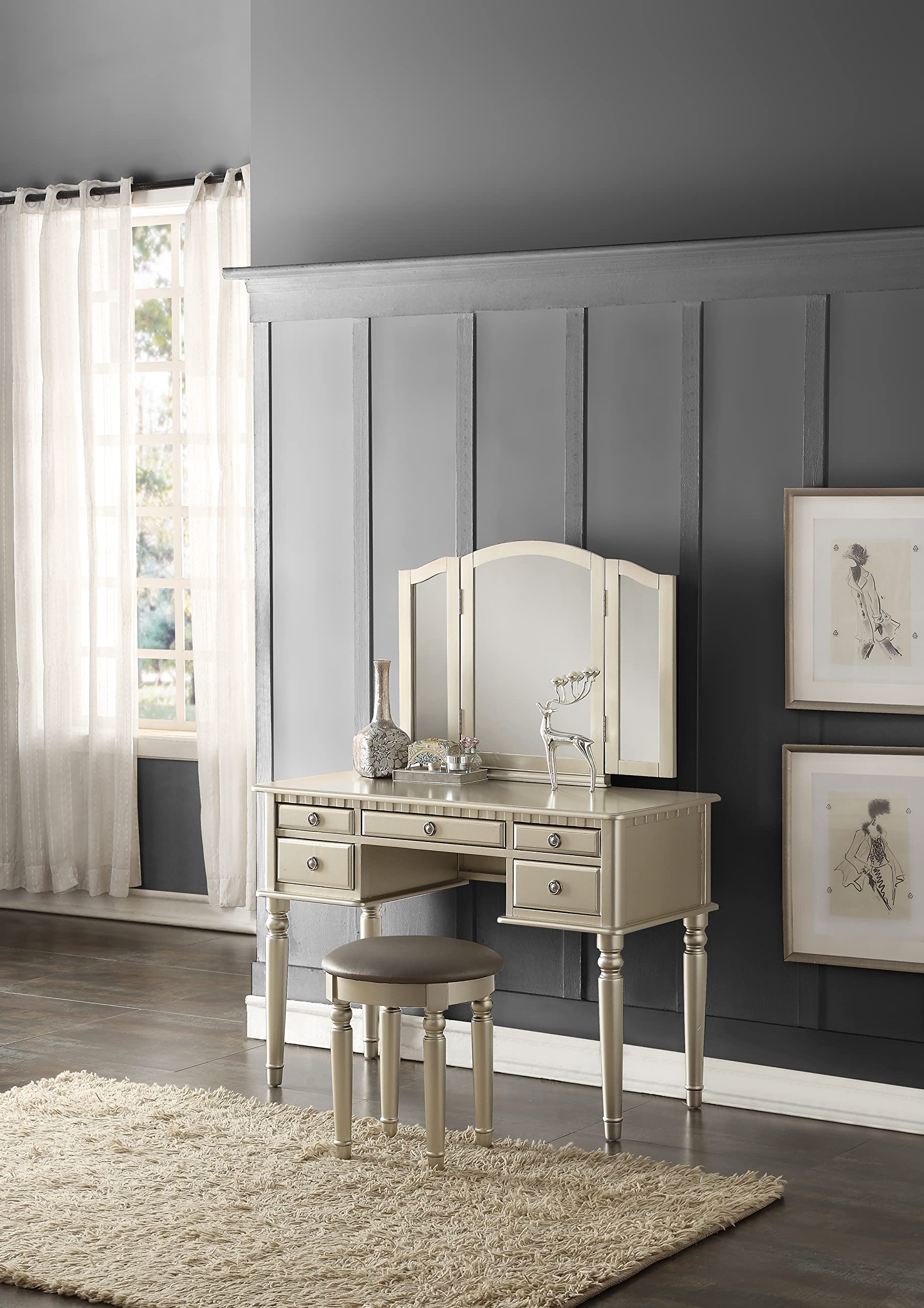 Modern Silver Vanity Set with Foldable Mirror, Stool & Drawers for Bedroom - Perfect for Makeup, Dressing & Home Decor