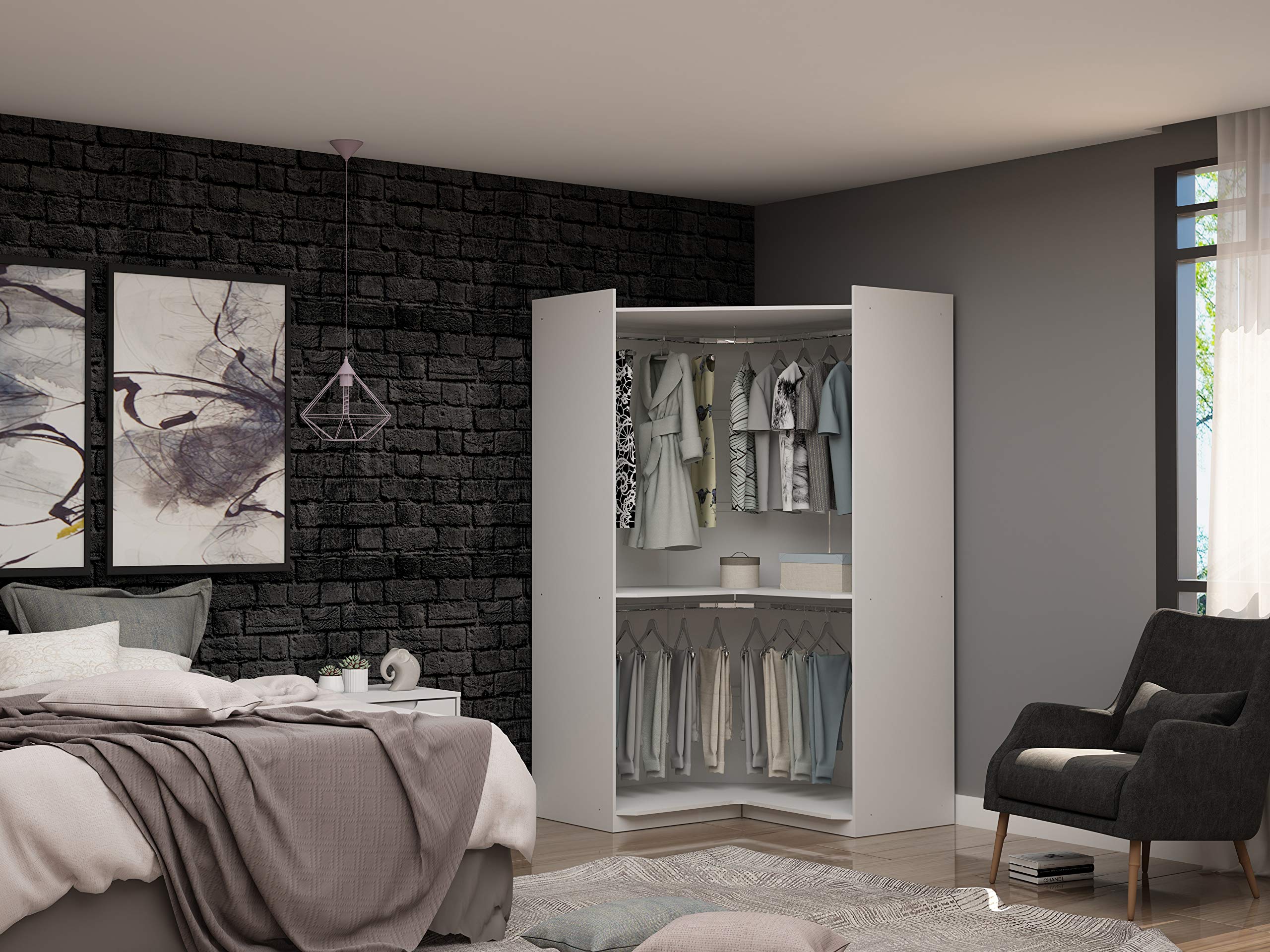Modern White Free Standing Corner Wardrobe Closet with Rounded Hanging Rods & Open Shelves - Space-Saving Storage Solution for Bedroom, Living Room or Office - Manhattan Comfort Mulberry Collection