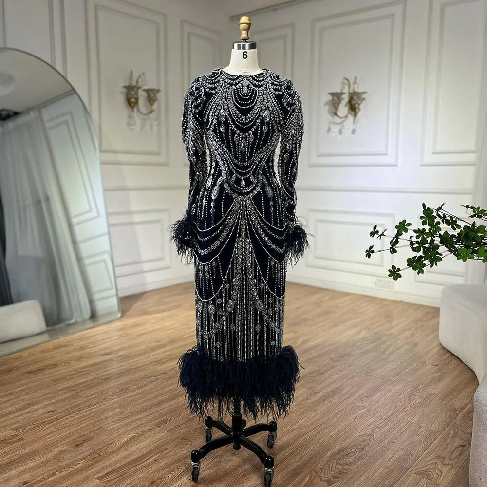 Serene Hill Bling Caramel Mermaid Arabic Evening Dress with Feather & Pearls - Women's Prom Formal Gowns for Wedding, Party & Special Occasions | Elegant LA72482 Dress for Night Out & Red Carpet Events