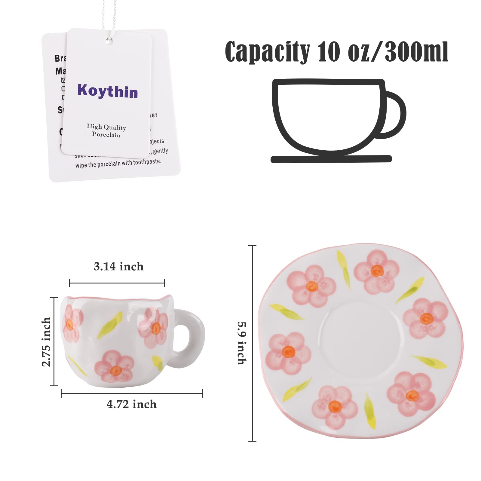 Koythin Ceramic Coffee Mug with Saucer - 10oz/300ml Cute Pink Floral Design, Microwave & Dishwasher Safe - Perfect for Latte, Tea, Milk at Home or Office - Ideal Gift for Coffee Lovers & Housewarming