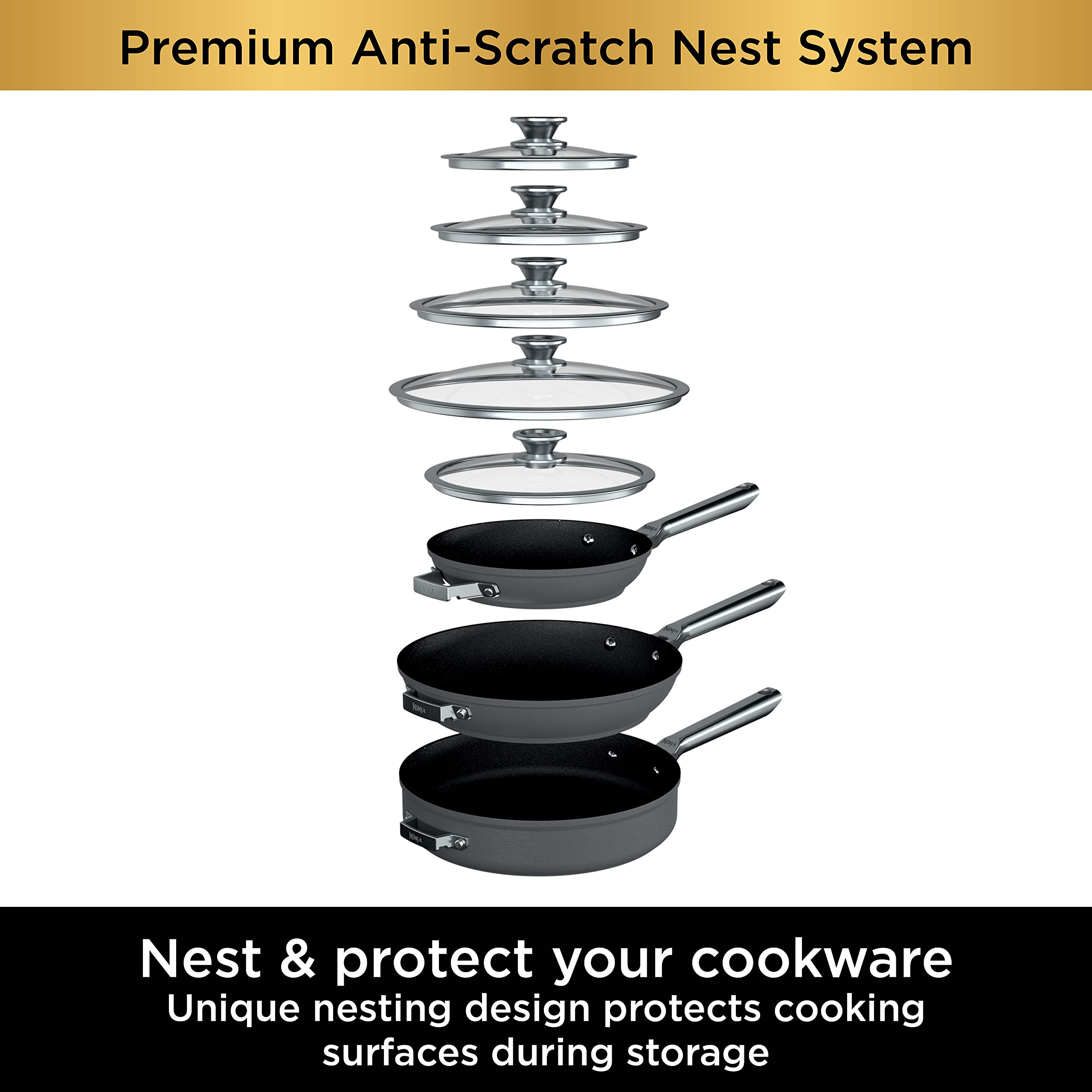Ninja Foodi NeverStick Premium 6-Piece Hard-Anodized Nonstick Saucepan Set with Glass Lids | Scratch-Resistant Nesting System | Oven Safe to 500°F | Slate Grey | Perfect for Cooking, Baking & Meal Prep