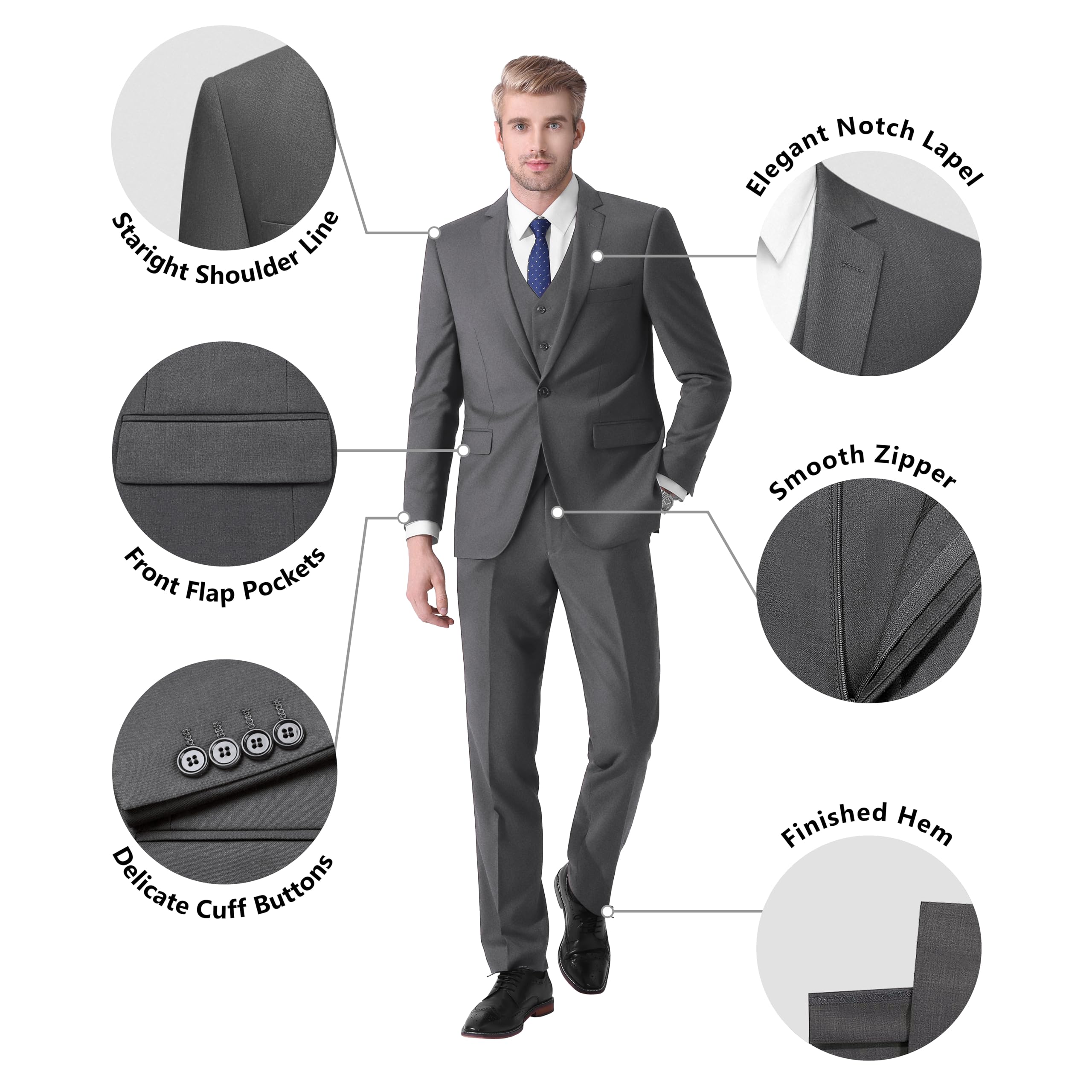 LUPURTY Men's 3 Piece Slim Fit Suit Set - One Button Tuxedo with Jacket, Vest & Pants + Free Tie | Formal Business Attire for Weddings, Office & Special Occasions
