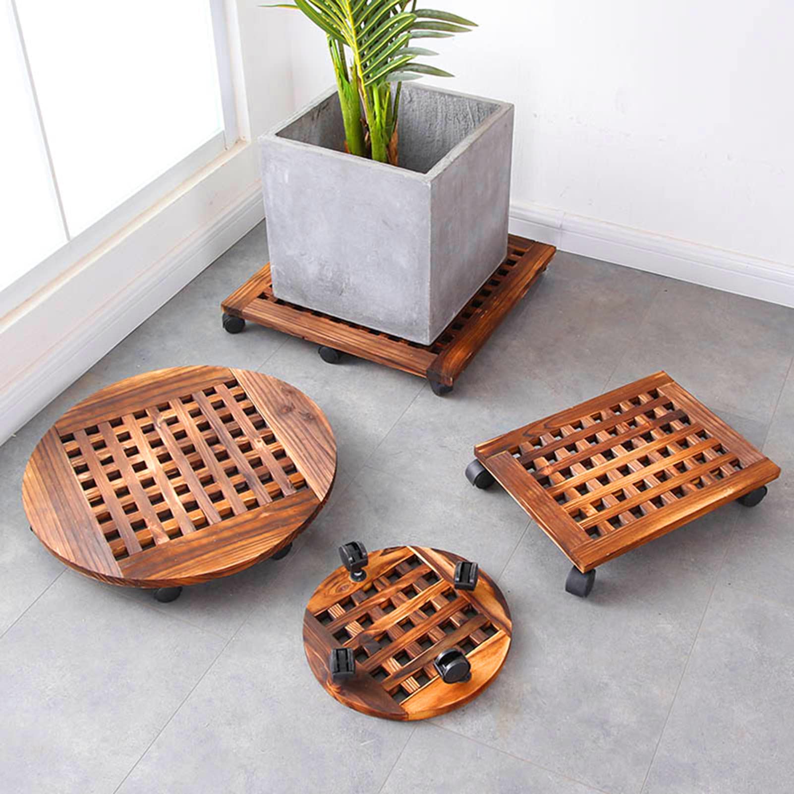 **Heavy Duty 40cm Wooden Plant Caddy with Wheels - Round Rolling Plant Stand for Indoor & Outdoor Large Flower Pots, Patio Decor, and Garden Mobility**