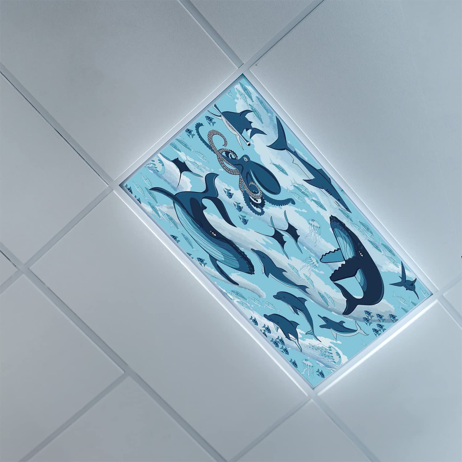 Shark Pattern Fluorescent Light Covers - 2ft x 4ft Drop Ceiling Light Diffuser Panels for Classroom & Office - Blue Decorative Ceiling Light Covers - Perfect for Schools, Offices, and Kids' Rooms