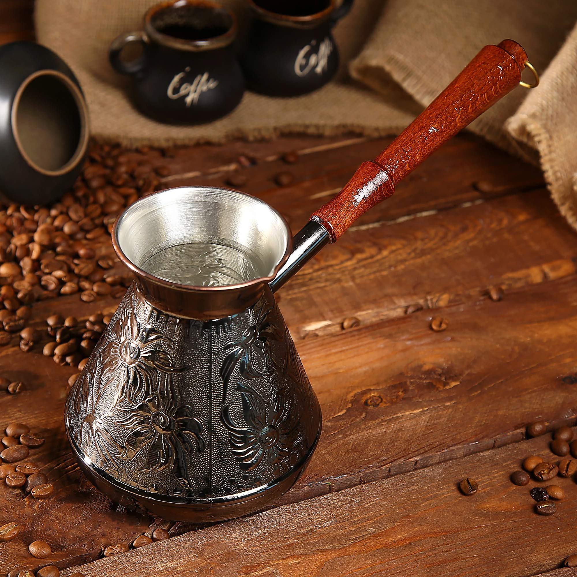 25 Oz Copper Turkish Greek Arabic Engraved Coffee Pot - Stovetop Cezve Ibrik Briki with Wooden Handle - Perfect for Traditional Coffee Brewing at Home or Cafe