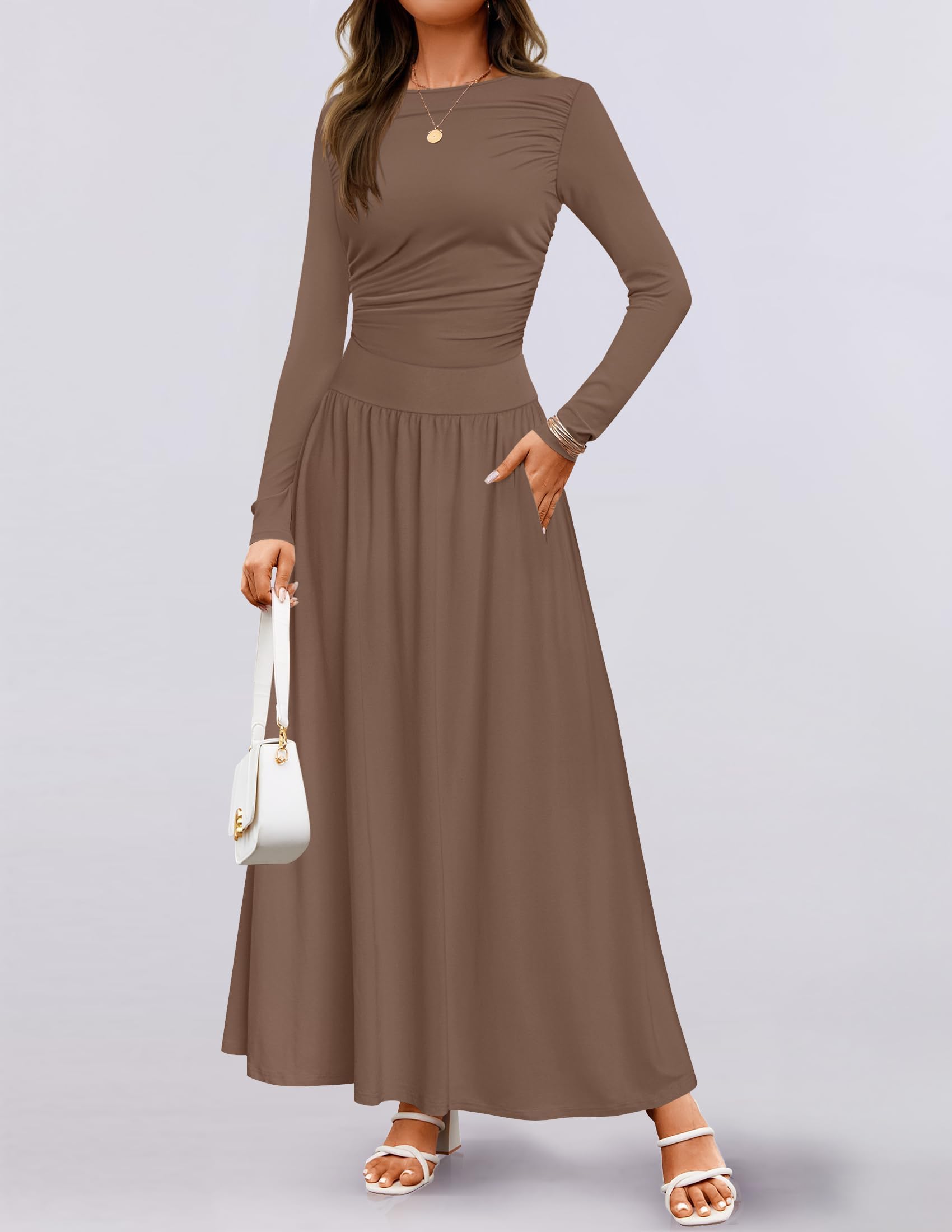 ZESICA Women's Long Sleeve Maxi Dress 2025 - Crewneck Knit Casual Swing Dress with Pockets | Spring Slim Pleated Flowy Dress for Date Night, Office & Vacation