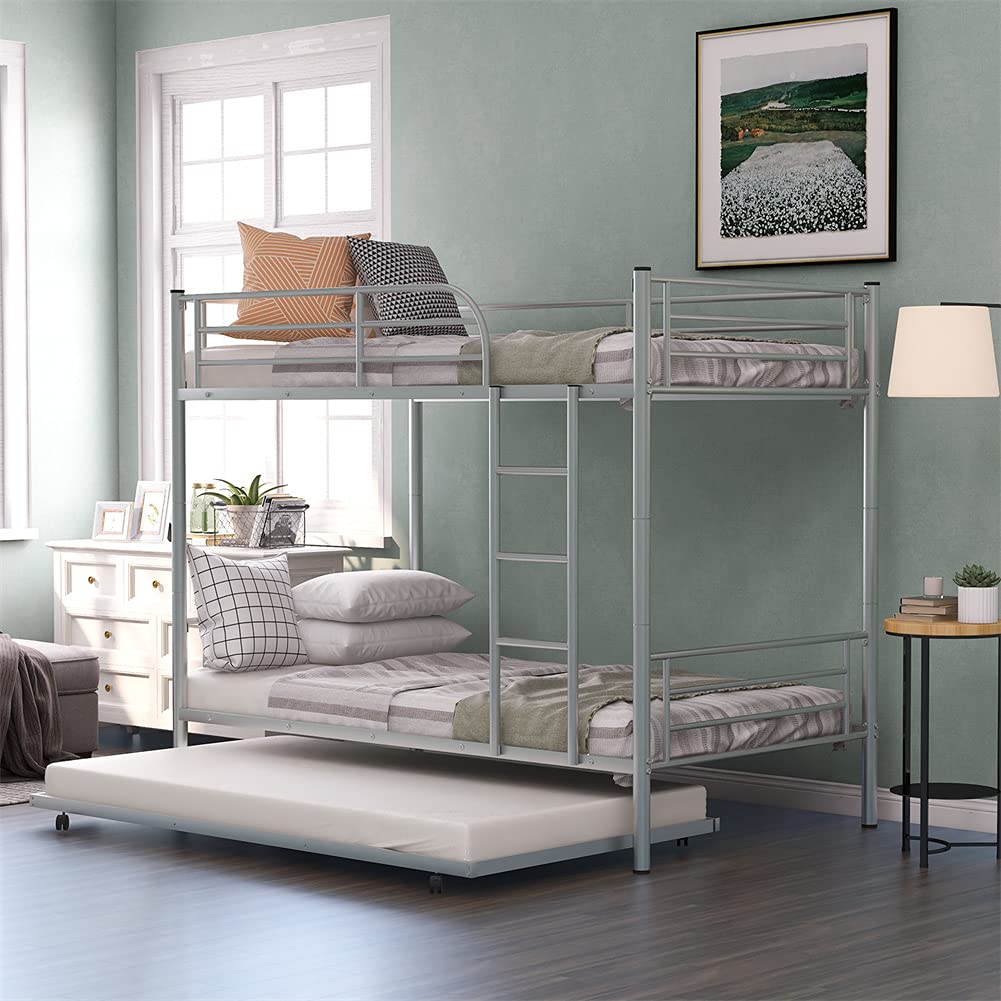 Metal Twin Over Twin Bunk Bed with Trundle - Convertible to 2 Separate Beds, No Box Spring Required (Silver) | Space-Saving Kids Bedroom Furniture for Small Rooms, Guest Rooms & Vacation Homes