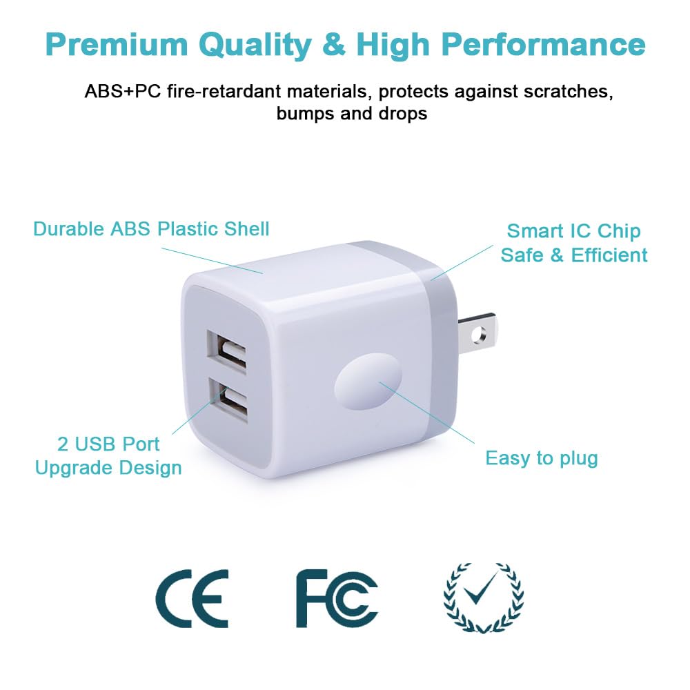 Fast Charging USB Wall Charger Block - Dual Port 2.1A Power Adapter Cube (3-Pack) for iPhone 16/15/14/13/12/11/Pro Max/XS/XR/X/8/7/6 & Samsung Galaxy S25 Ultra/A16 - Perfect for Home, Office & Travel Charging Needs