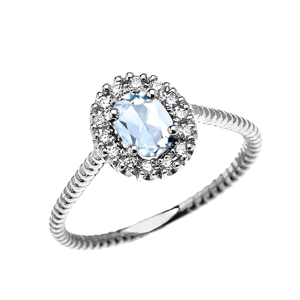 14K White Gold Dainty Oval Halo Diamond & Solitaire Aquamarine Rope Design Engagement Ring | Promise Ring for Women | Perfect for Proposals, Anniversaries & Special Occasions