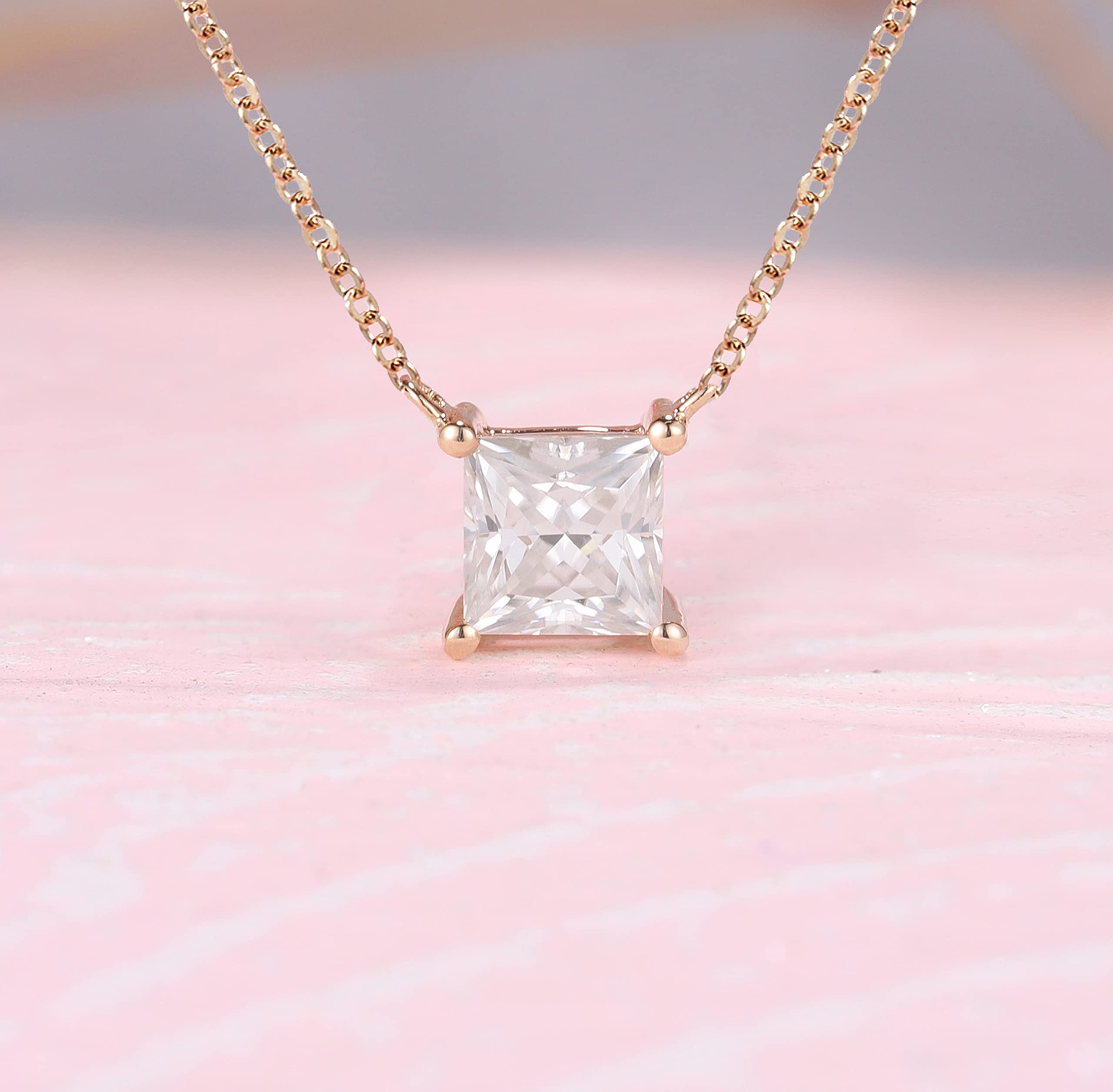 14K Gold Princess Cut Moissanite Pendant Necklace - 16.5