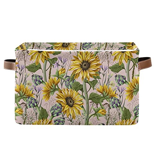 2 Pack Collapsible Storage Baskets with PU Handles - Waterproof Sunflower & Artichoke Design Organizer for Nursery, Laundry, and Home Organization | Perfect for Kids' Rooms, Bathrooms & Closet Storage