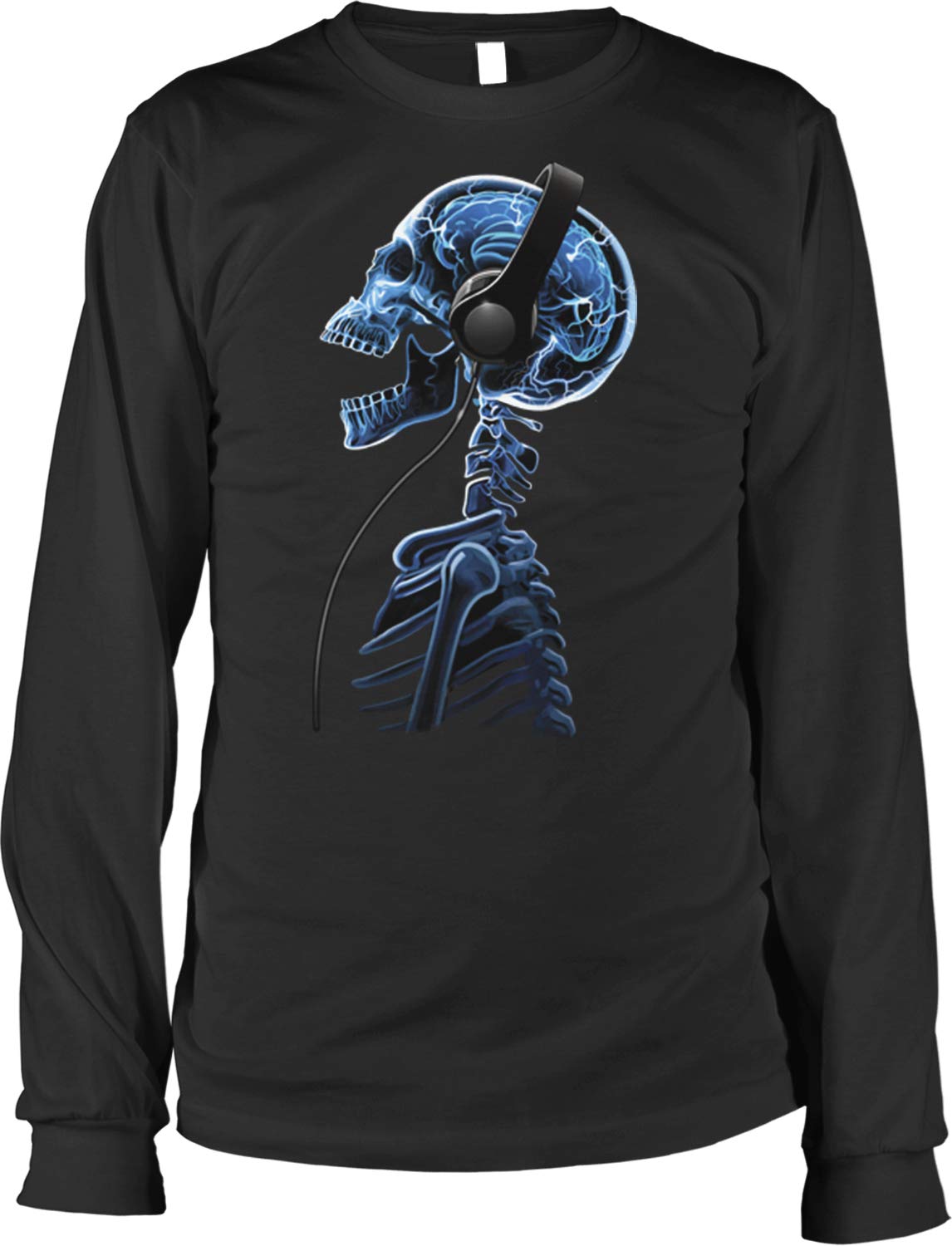 Electric Skeleton Graphic Long Sleeve T-Shirt for Men with Headphones Design | Cool Streetwear & Halloween Costume Shirt | Perfect for Concerts, Parties and Cosplay