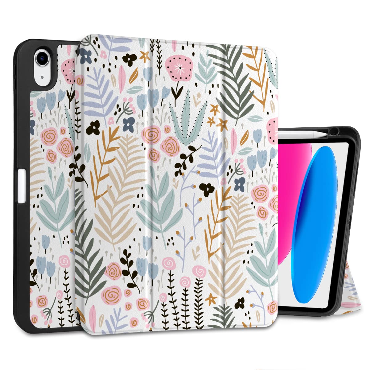 DONGKE iPad 11th Generation 11 Inch 2025 (A16 Chip) & iPad 10th Generation 10.9 Inch 2022 Case with Pencil Holder - Auto Wake/Sleep, Trifold Stand Soft TPU Protective Cover, Creative Floral Design - Perfect for Work, Study & Travel