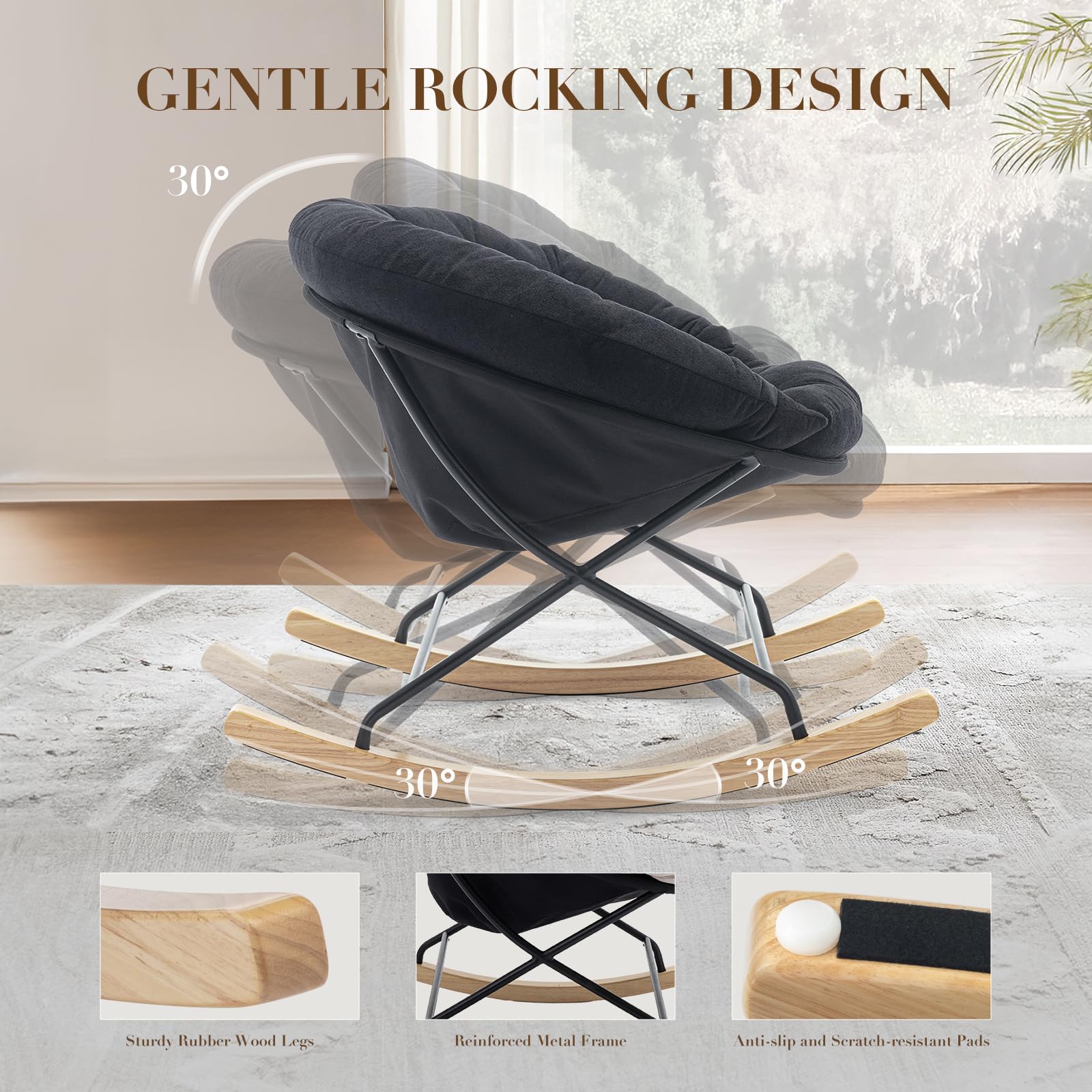 COLAMY Upholstered Rocking Chair with Comfy Cushions - Nursery Glider, Saucer Armchair with Wood Base & Metal Legs - Perfect for Living Room, Bedroom, Office (Black) | Ideal for Nursing, Reading & Relaxation