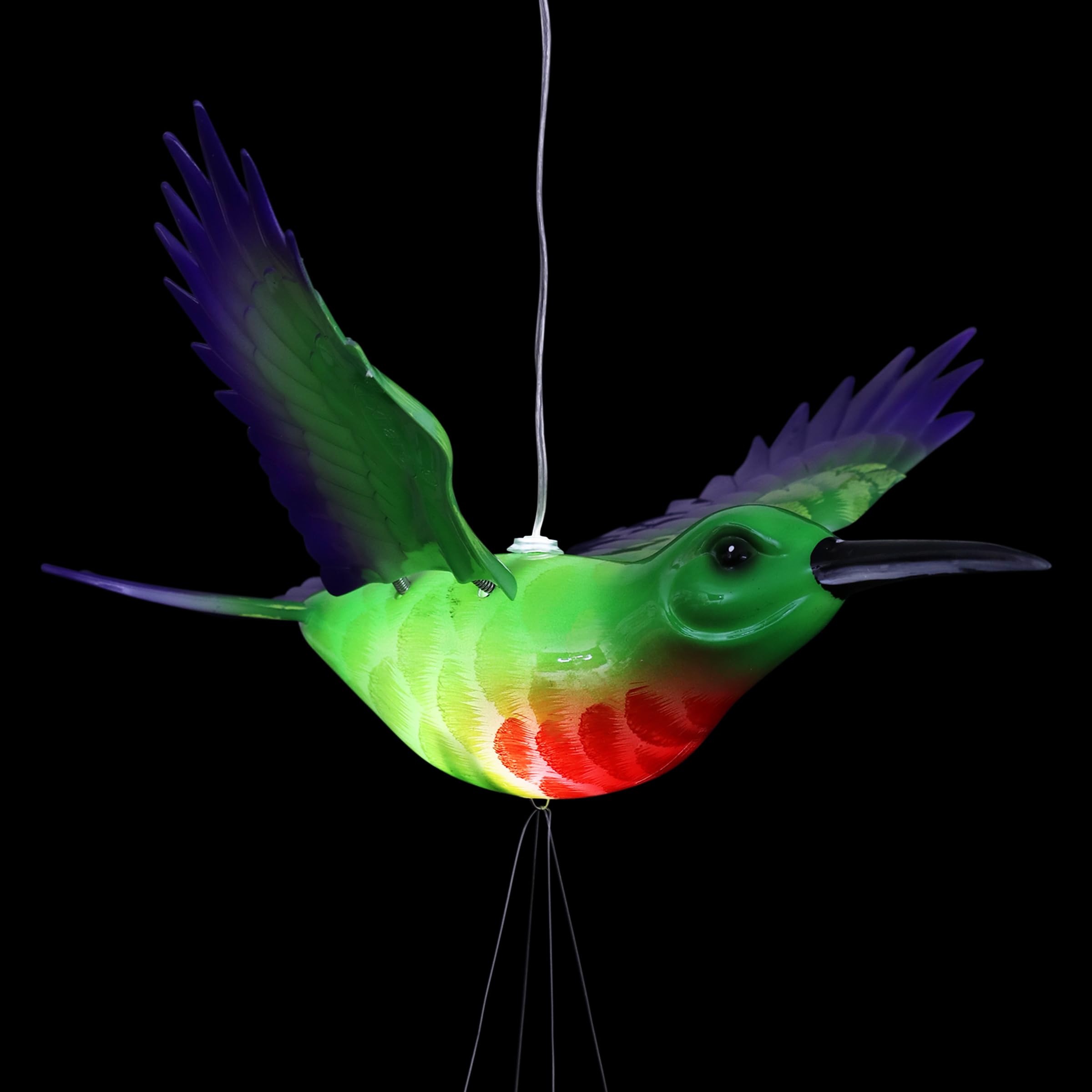 Solar-Powered Hummingbird Wind Chime with Fluttering Wings & 2 LED Lights - 13 x 11 x 43 Inch Outdoor Garden Decor for Patio, Yard, and Lawn - Exhart WindyWings Green Plastic Wind Chimes for Relaxing Ambience