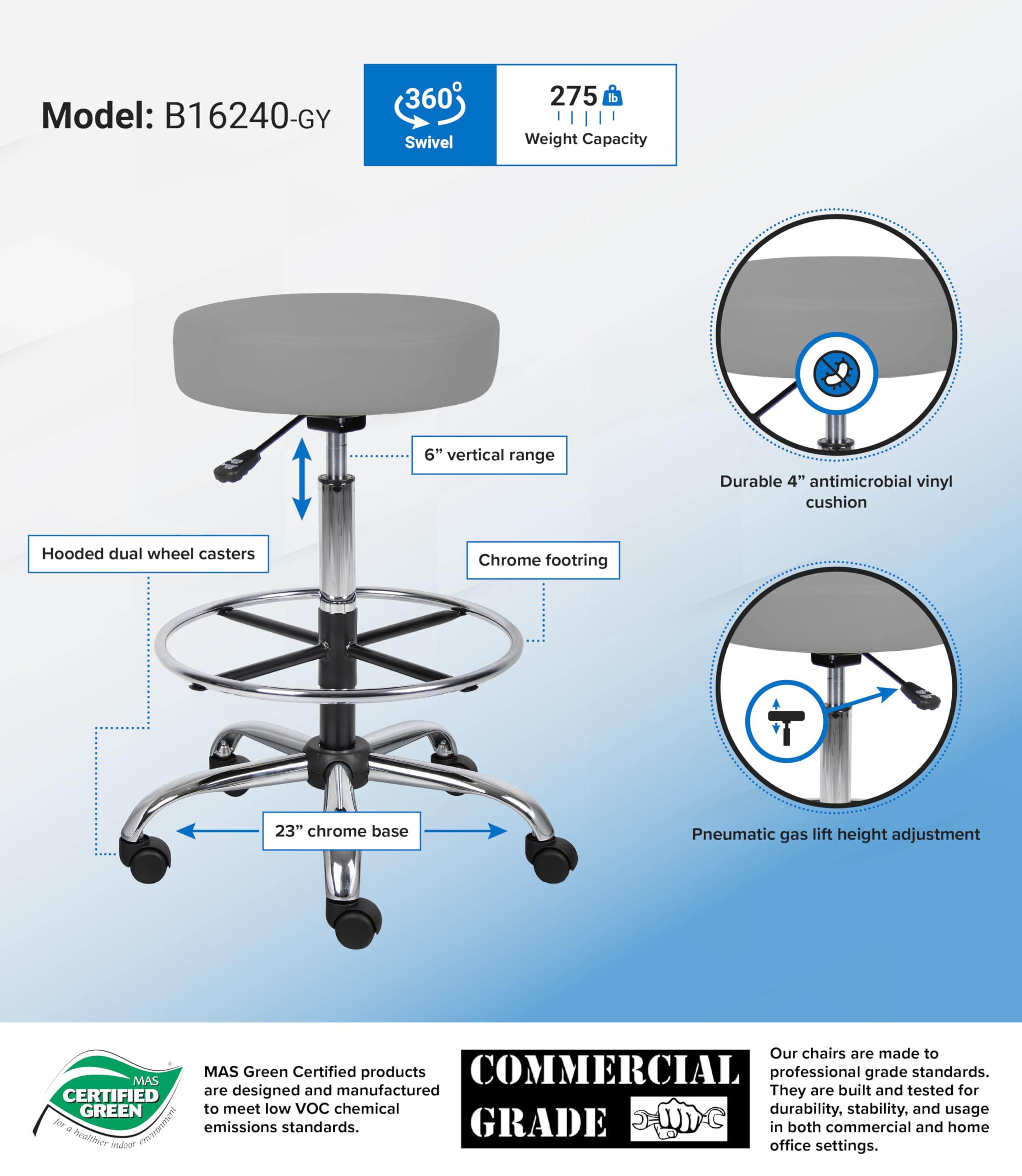 Boss Office Adjustable 16 Inch Drafting Stool - Grey Ergonomic Swivel Chair for Architects, Artists & Home Office - Perfect for Drawing Tables, Craft Rooms & Studio Workspaces