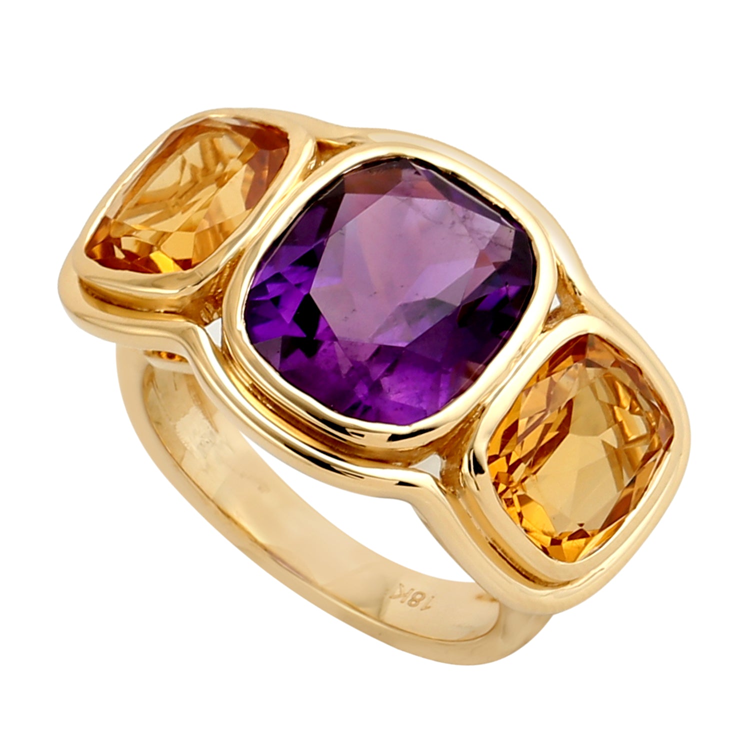 18K Yellow Gold Cushion Cut Citrine Bezel Set Amethyst Three Stone Ring | Elegant Jewelry for Weddings, Anniversaries & Special Occasions