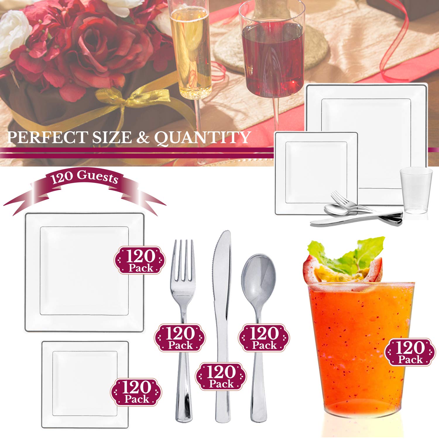 Premium Heavy-Duty Disposable Plastic Dinnerware Sets - Elegant Square Plates for Weddings, Birthdays & Special Events (White with Silver Trim, 120-Piece Wedding Value Pack) - Perfect for Catering, Parties & Large Gatherings