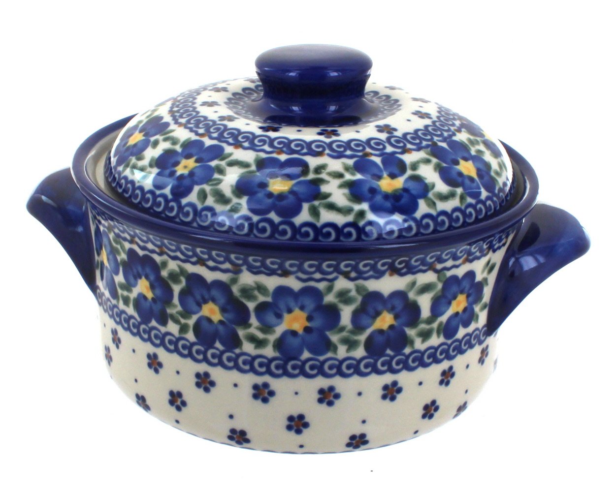 Blue Rose Polish Pottery Spring Blossom Round Baker with Lid - Handmade Ceramic Baking Dish for Casseroles, Pies & Desserts - Perfect for Easter, Mother's Day & Holiday Gifting