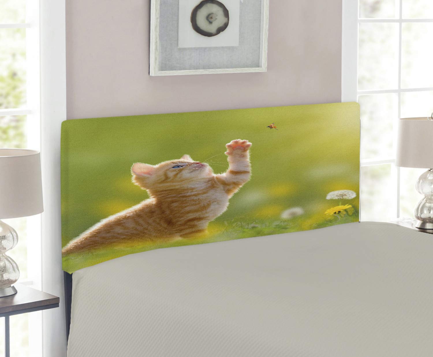 Ambesonne Cat Headboard - Animal Theme Cat Hunting Ladybug Nature Grass Dandelions Digital Print Upholstered Metal Bed Headboard with Memory Foam - Twin Size Earth Yellow Pale Green - Perfect for Kids' Bedroom, Pet Lover's Room & Nature-Themed Decor